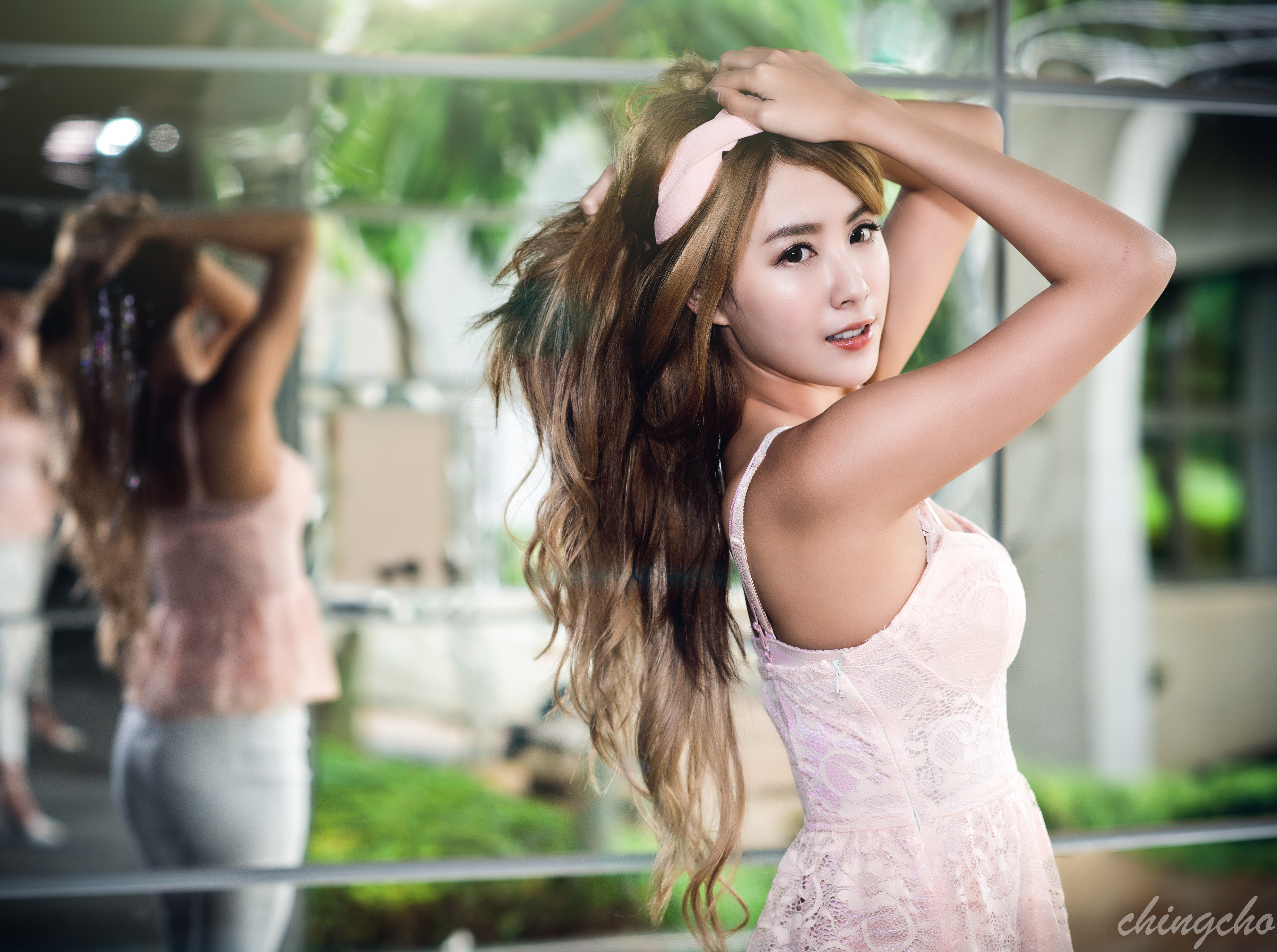 People, depthoffield, human arm, Asian, Girls, beautiful woman, 5K, Young, women, Girl, standing, long hair, focus on foreground, Mirror, portrait, Reflection, HD Wallpaper