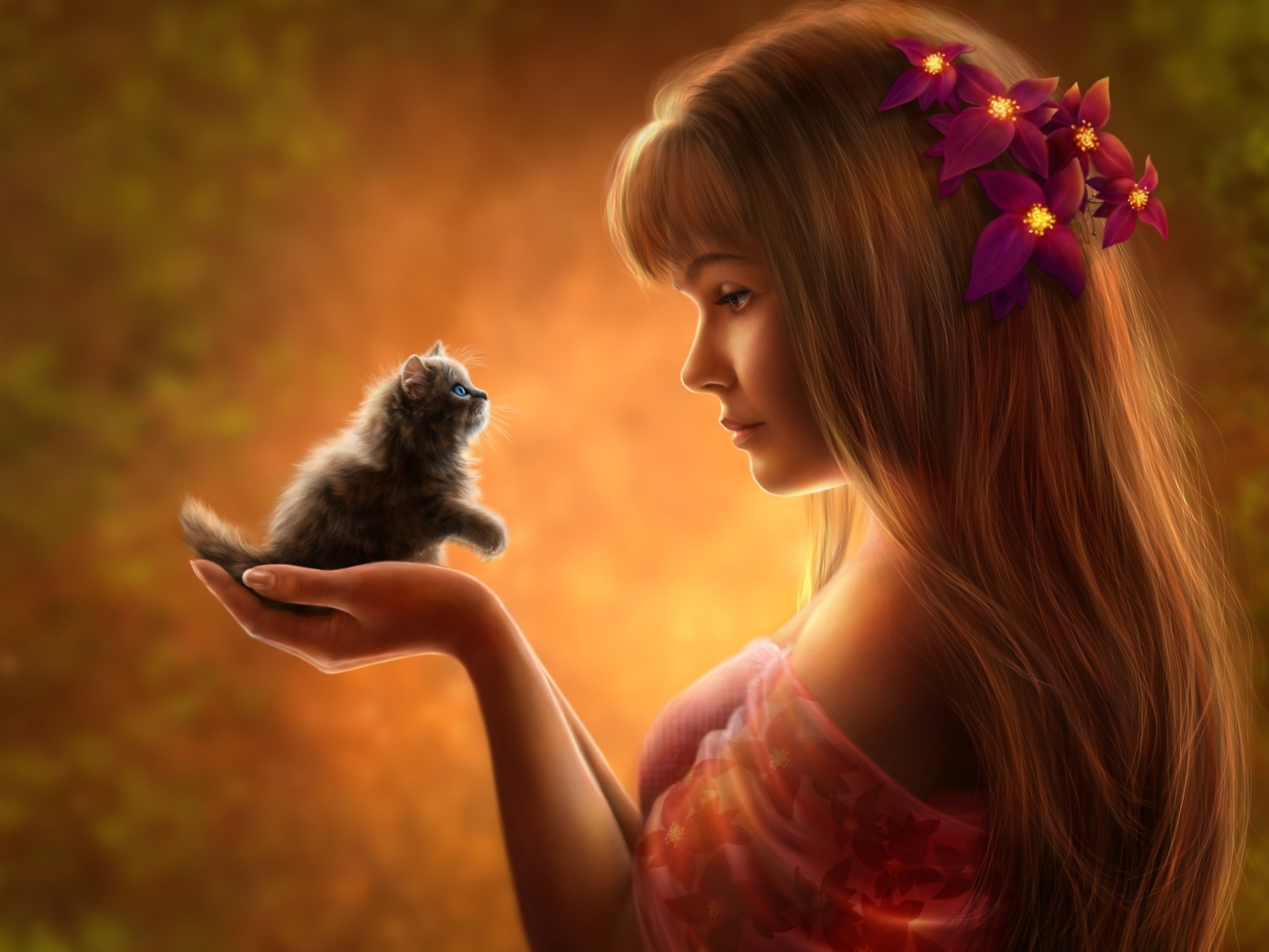 Fantasy, Beautiful, Girl, Kitten, petaled, red, 2K, flowers, HD Wallpaper