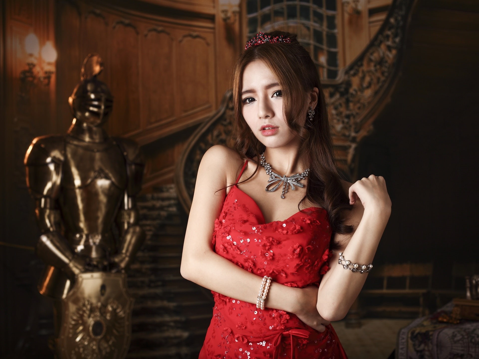 Makeup, Crown, Dress, Jewelry, 1080P, Girl, Red, Asian, HD Wallpaper