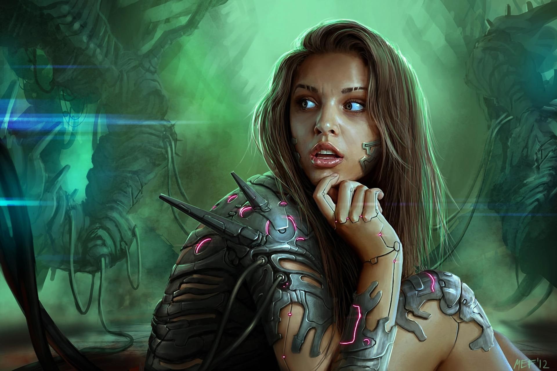 3d and abstract, green background, long hair, cyber, girl, machine, female, 1080P, fantasy, lone, woman, HD Wallpaper