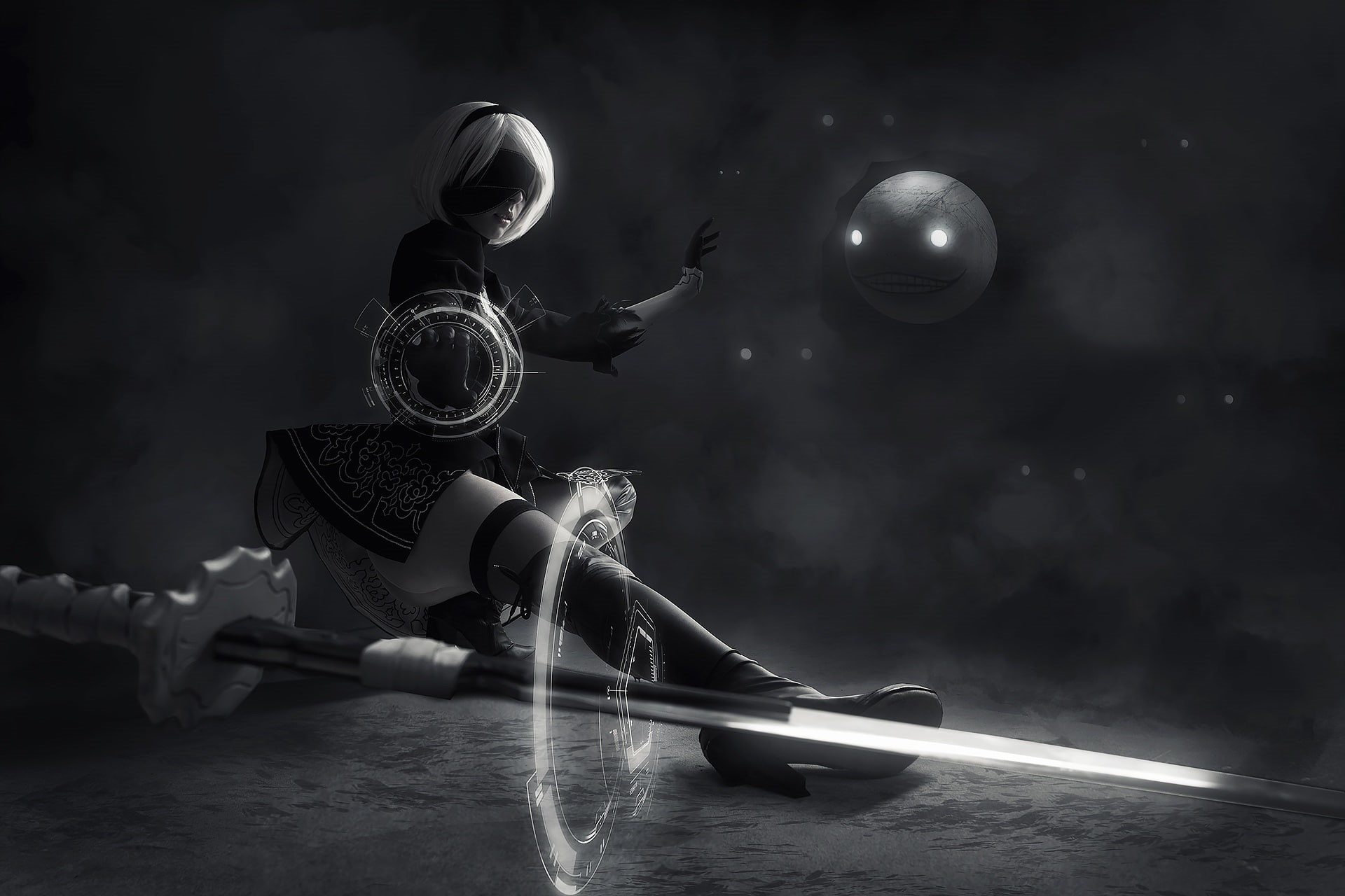 NieR: Automata, fiction, black and white, YoRHa No. 2 type B, 1080P, girl, cosplay, HD Wallpaper
