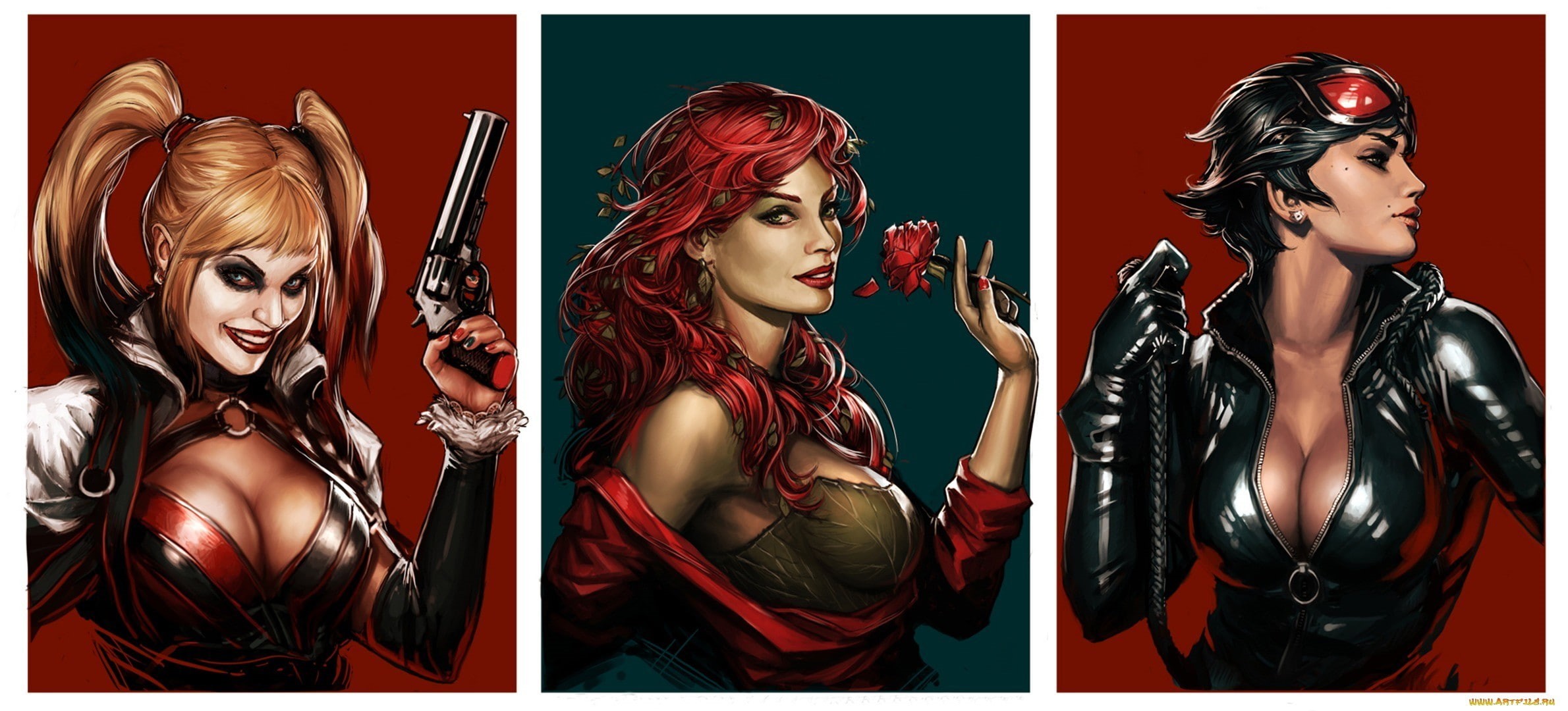 Harley Quinn, Batman, Catwoman, Poison Ivy, 1080P, DC Comics, artwork, HD Wallpaper