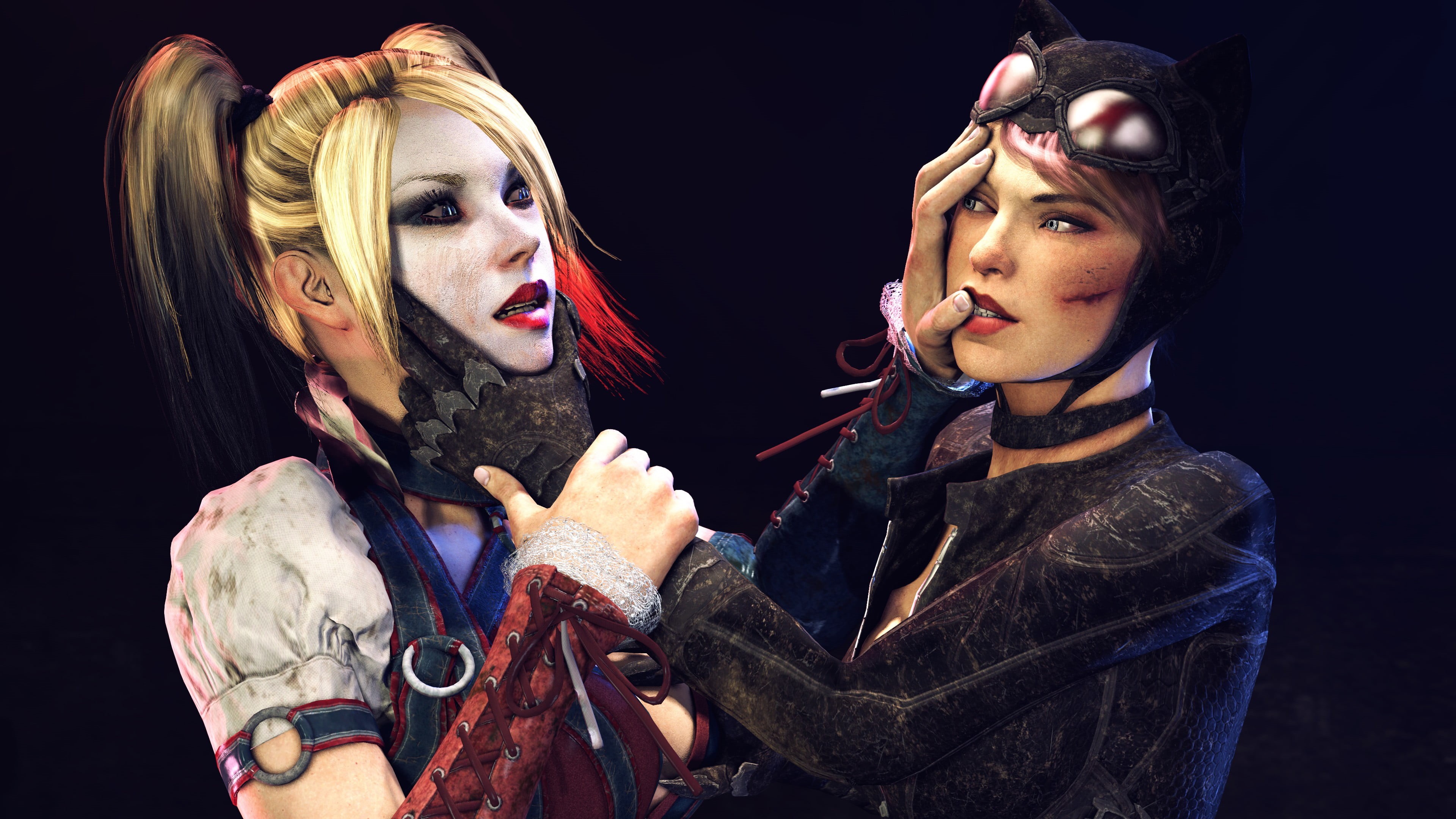 young women, black background, hair, two people, Batman: Arkham Knight, portrait, beautiful woman, fashion, people, cartoon, looking at camera, women, haired, HD Wallpaper