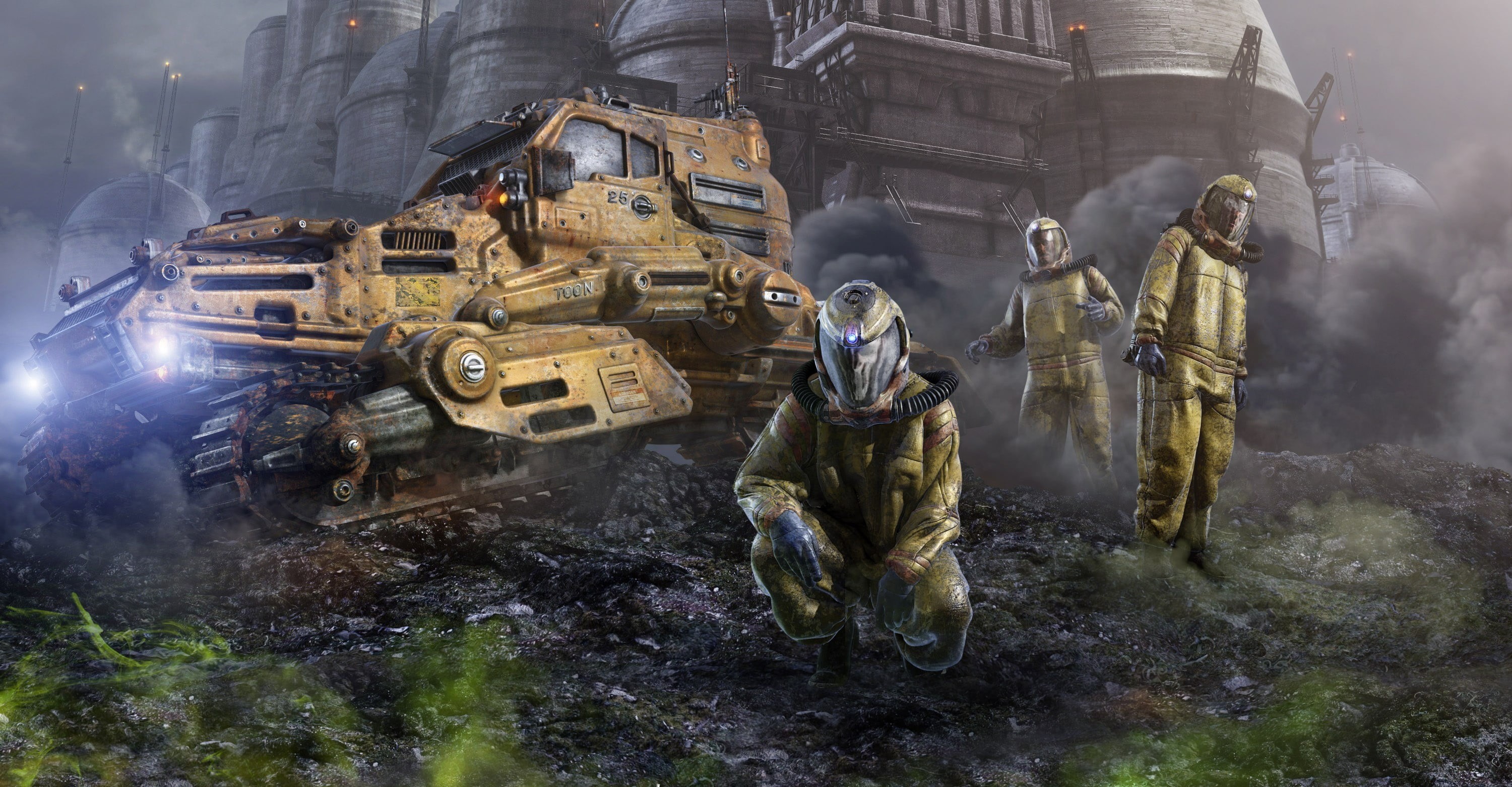 la tierra muerta, adult, transportation, incidental people, men, danger, motion, fog, astronauts, judgment Day - Apocalypse, land Vehicle, fantasy, day, HD Wallpaper