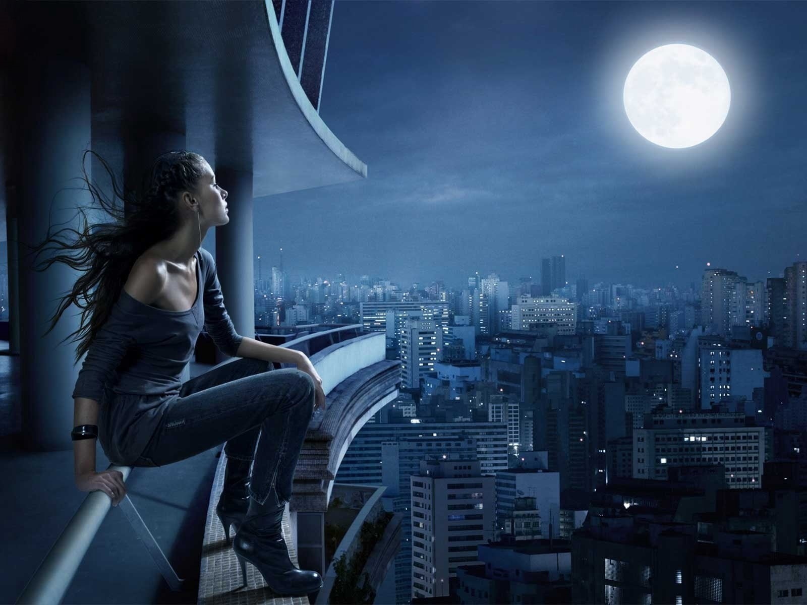 young Adult, full moon, balcony, beautiful woman, beautiful, lifestyles, urban Scene, night, illuminated, skyscraper, top, one Person, hairstyle, looking at view, HD Wallpaper
