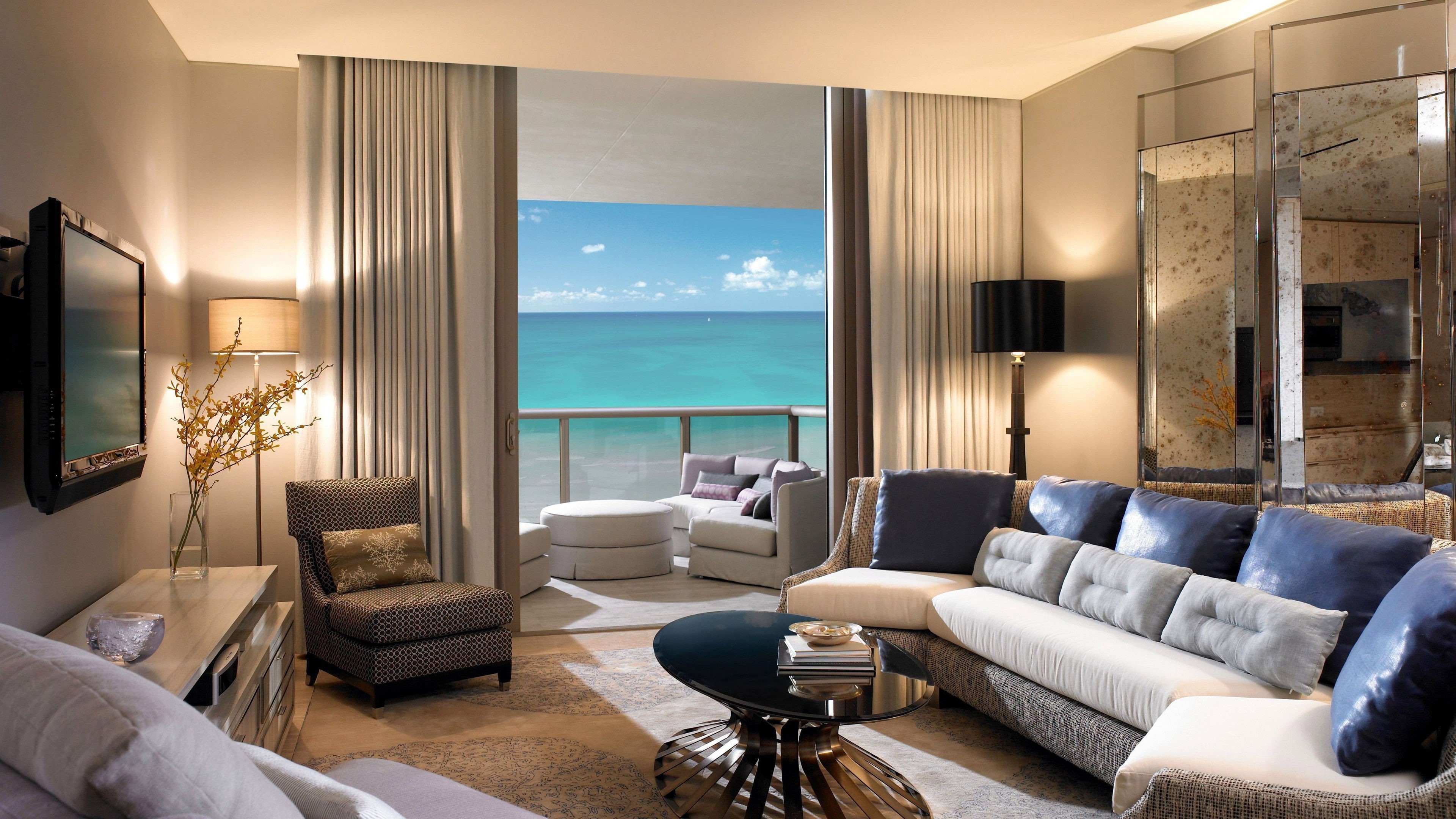 sofa, balcony, room, sea, interior, 4K, HD Wallpaper