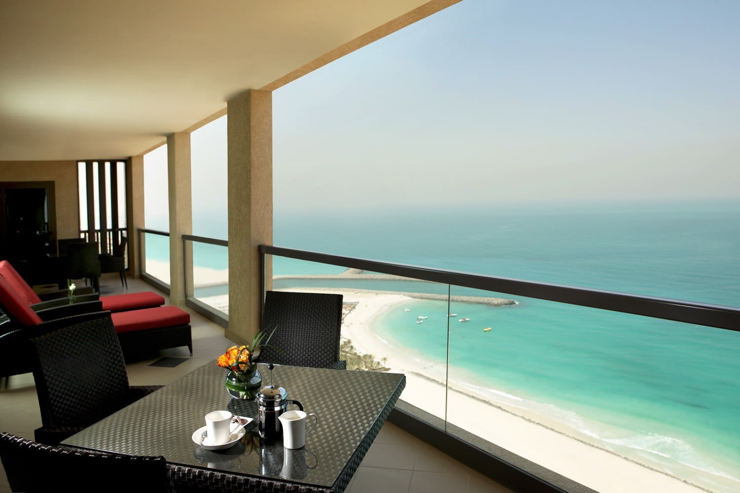 720P, brown, beauty in nature, sky, horizon, nature, window, luxury, home interior, bed, seat, black, absence, wooden, table, balcony, day, coast, no people, HD Wallpaper