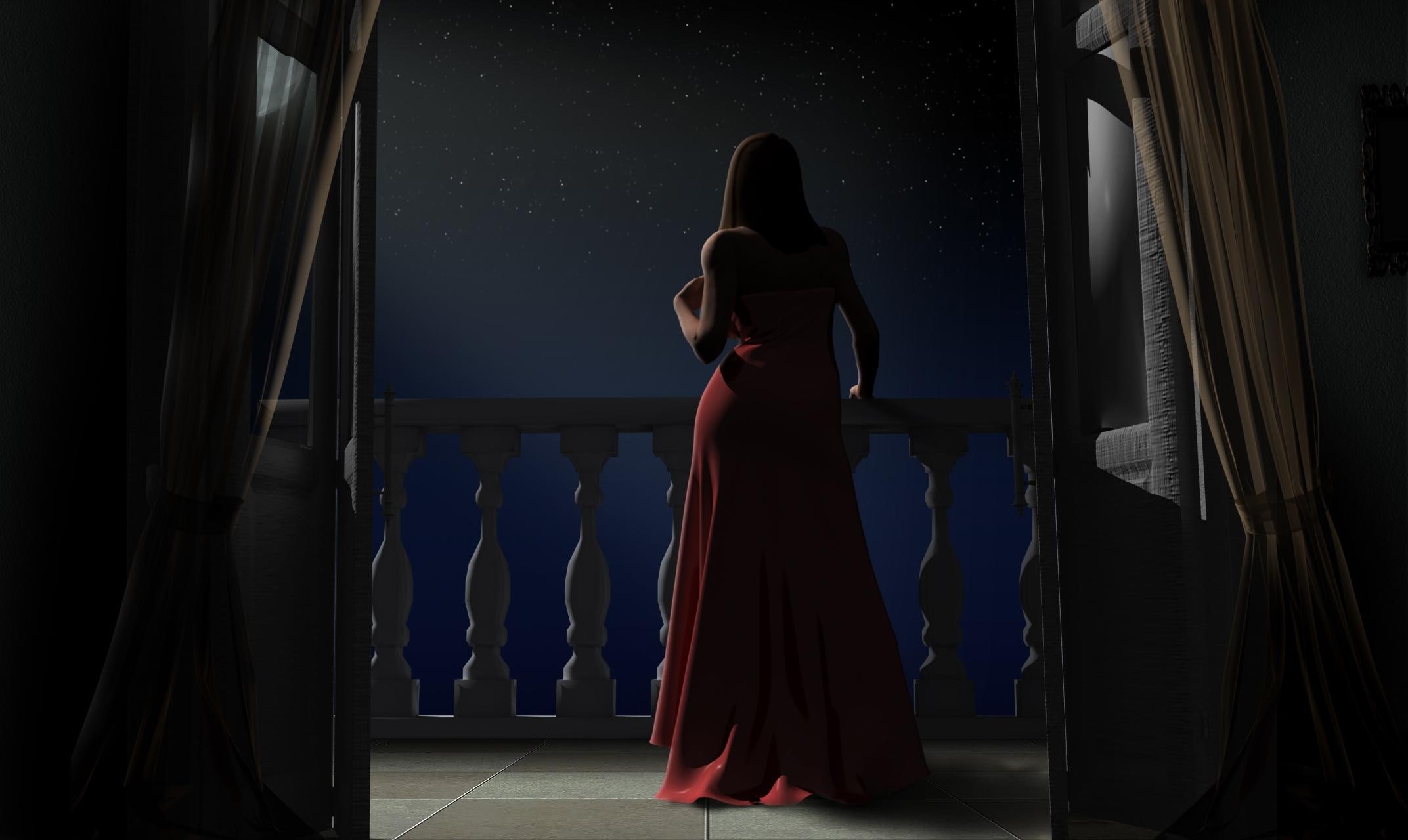 1080P, moon, 3d and abstract, night, balcony, girl, HD Wallpaper