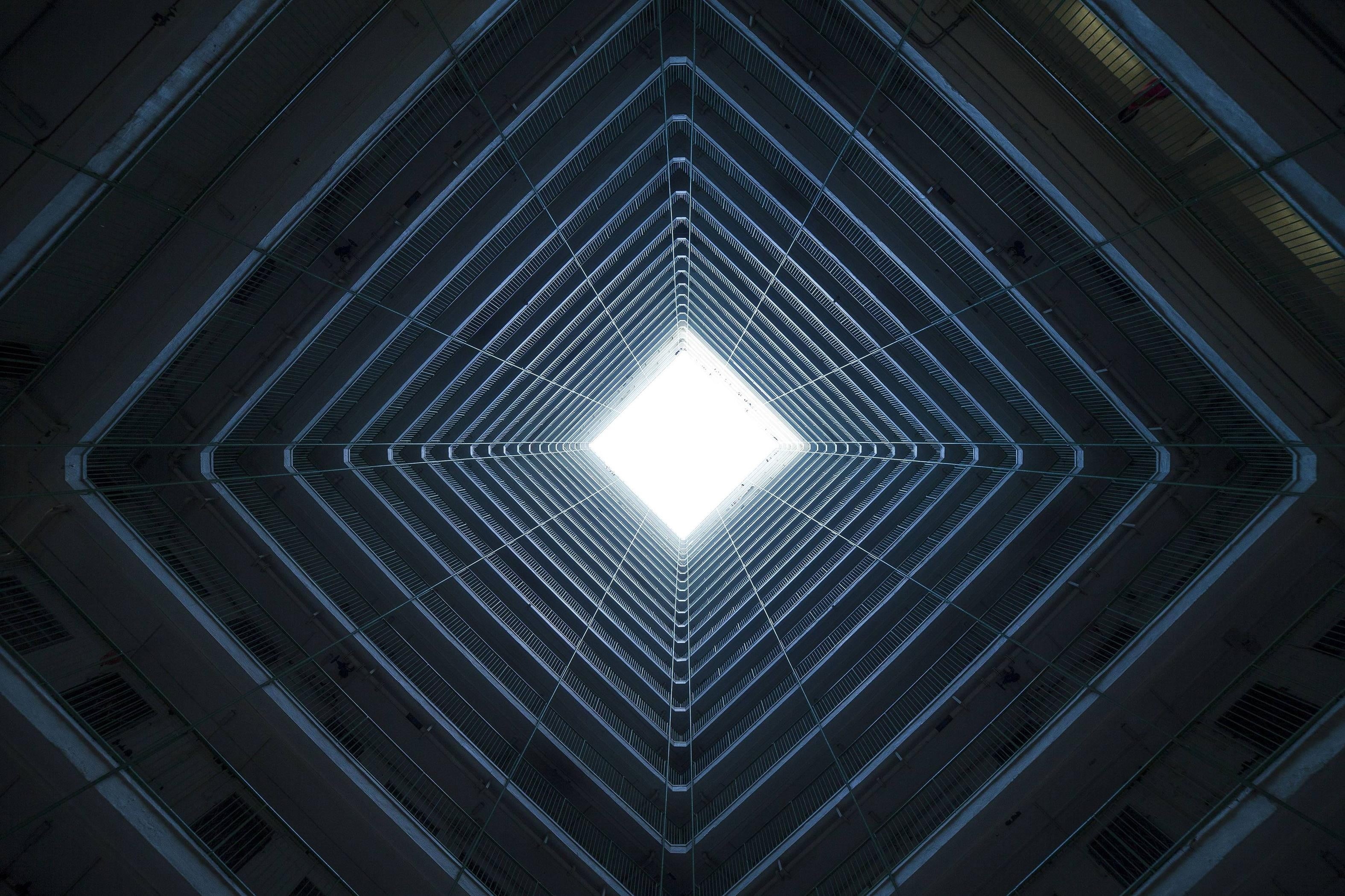 pattern, modern, directly below, building, skylight, low angle view, no people, symmetry, geometric shape, design, nature, balcony, repetition, illuminated, HD Wallpaper