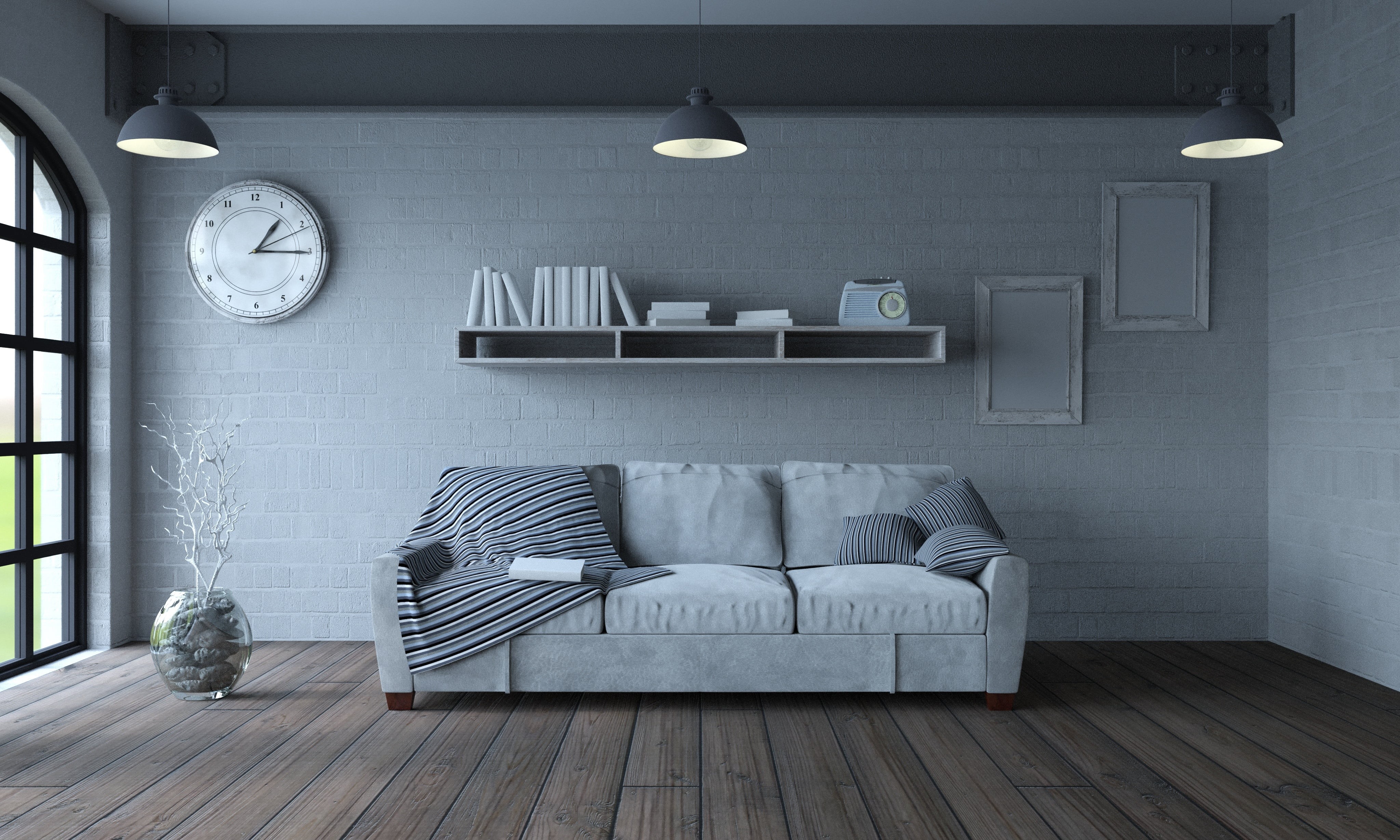 Book, living room, interior, Clock, 4K, Sofa, pillow, Furniture, design, HD Wallpaper
