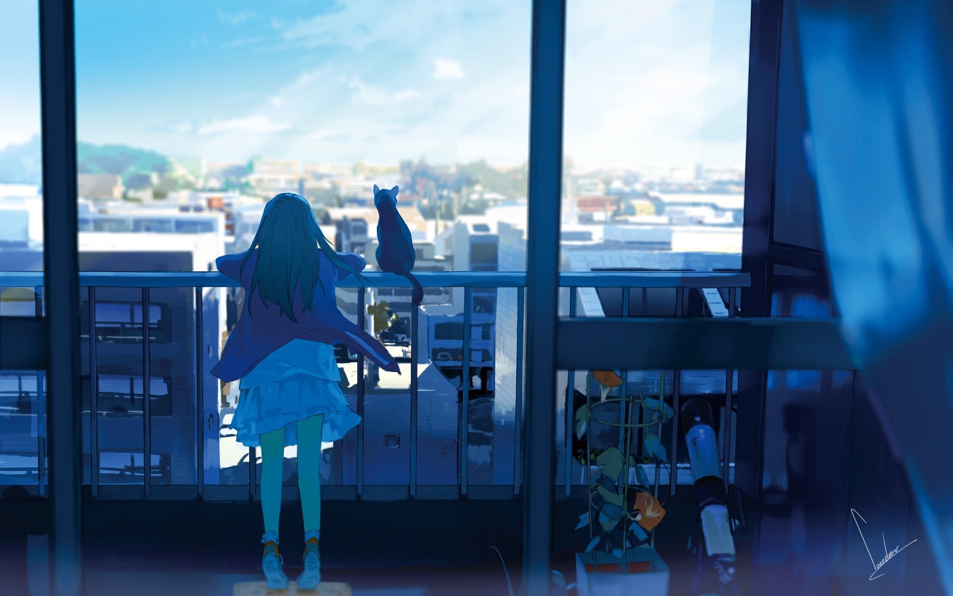 window, anime girls, 1080P, city, sky, original characters, cat, balcony, anime, HD Wallpaper