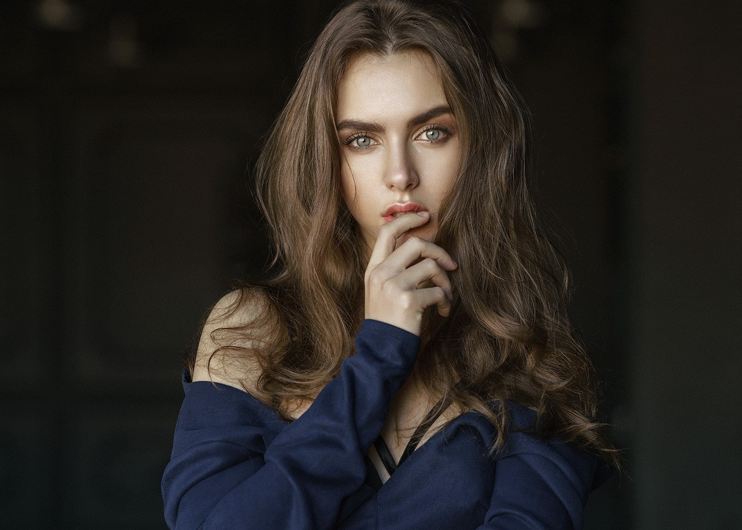 young adult, model, women, gray eyes, brown hair, photography, adult, brunette, beautiful people, looking at viewer, finger on lips, headshot, contemplation, HD Wallpaper