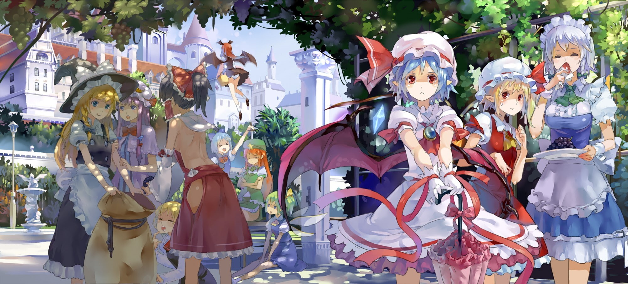built structure, statue, anime girls, architecture, female likeness, no people, Pixiv, day, male likeness, outdoors, belief, craft, 1080P, Izayoi Sakuya, HD Wallpaper