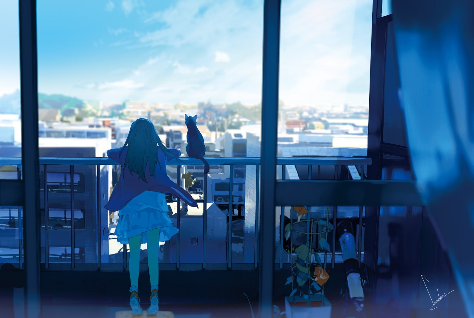 transparent, real people, sky, blue, balcony, 1080P, cat, lifestyles, day, full length, anime girls, rear view, leisure activity, women, built structure, HD Wallpaper
