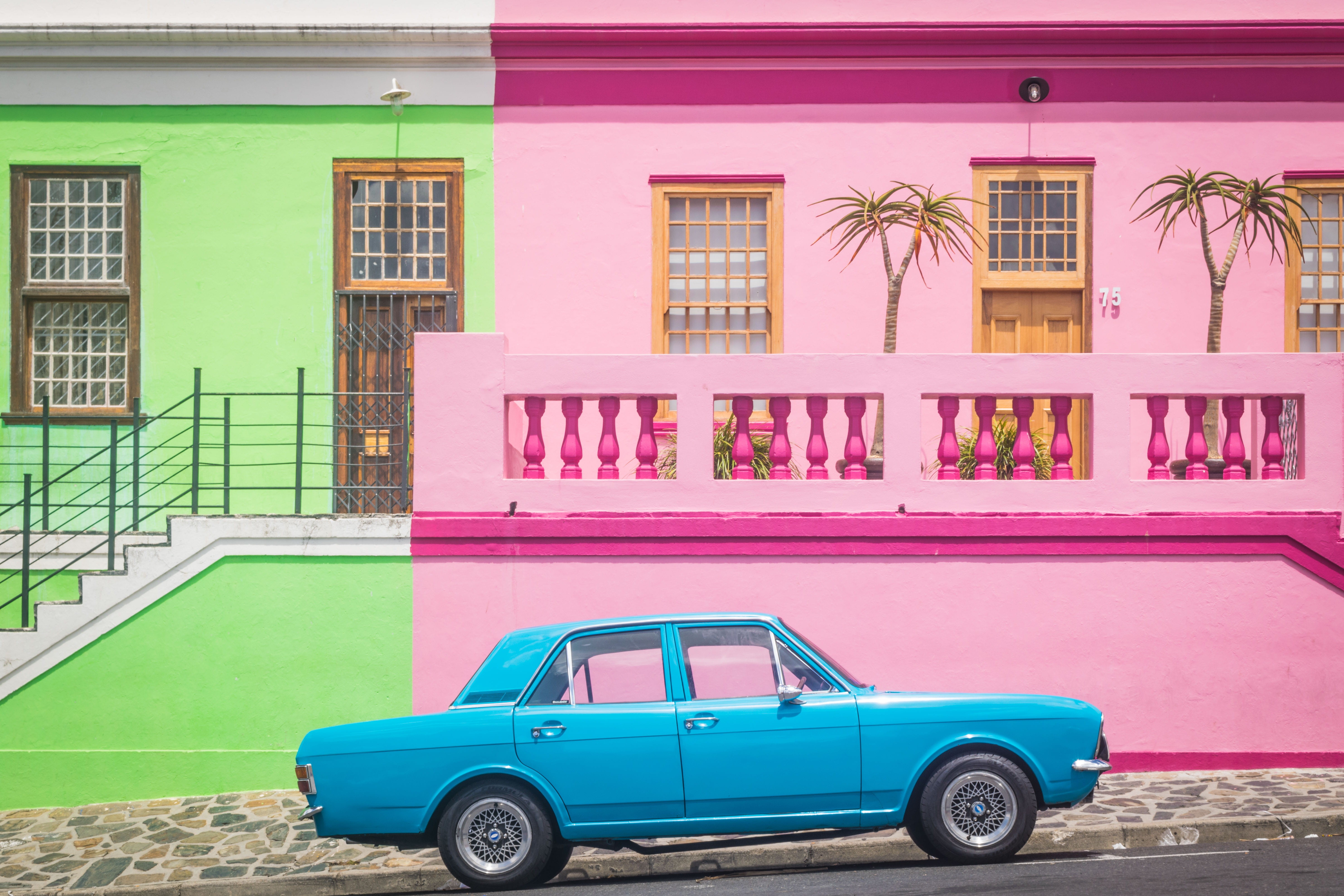 mode of transportation, street, near, cape town, blue, residential district, no people, front, sedan, built structure, coupe, building, storey, architecture, HD Wallpaper