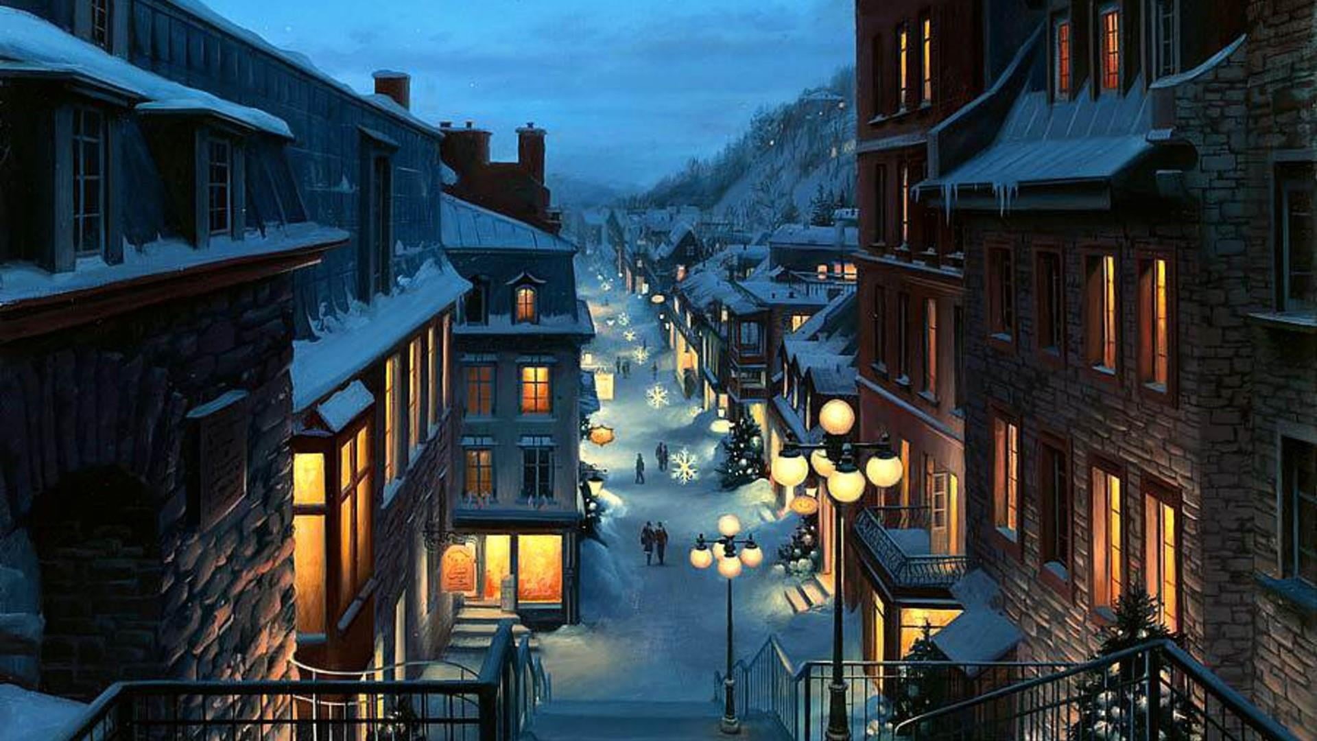 dusk, building exterior, no people, 1080P, snow, outdoors, winter, city, evening, christmas tree, home, alley, neighbourhood, night, metropolis, twilight, HD Wallpaper