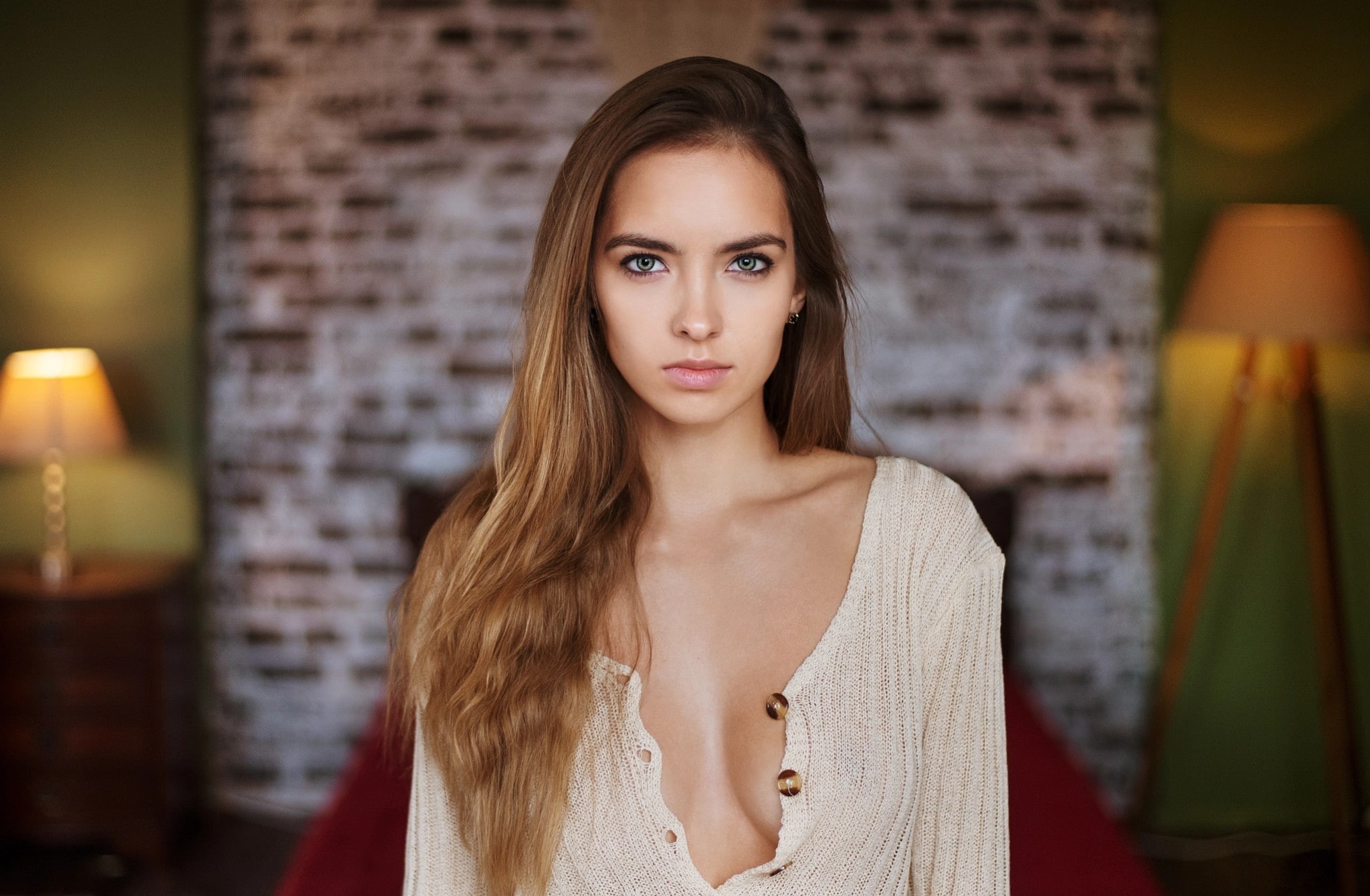 bokeh, straight hair, gray eyes, model, long hair, looking at viewer, brunette, Maxim Maksimov, portrait, depth of field, women, 1080P, women indoors, HD Wallpaper