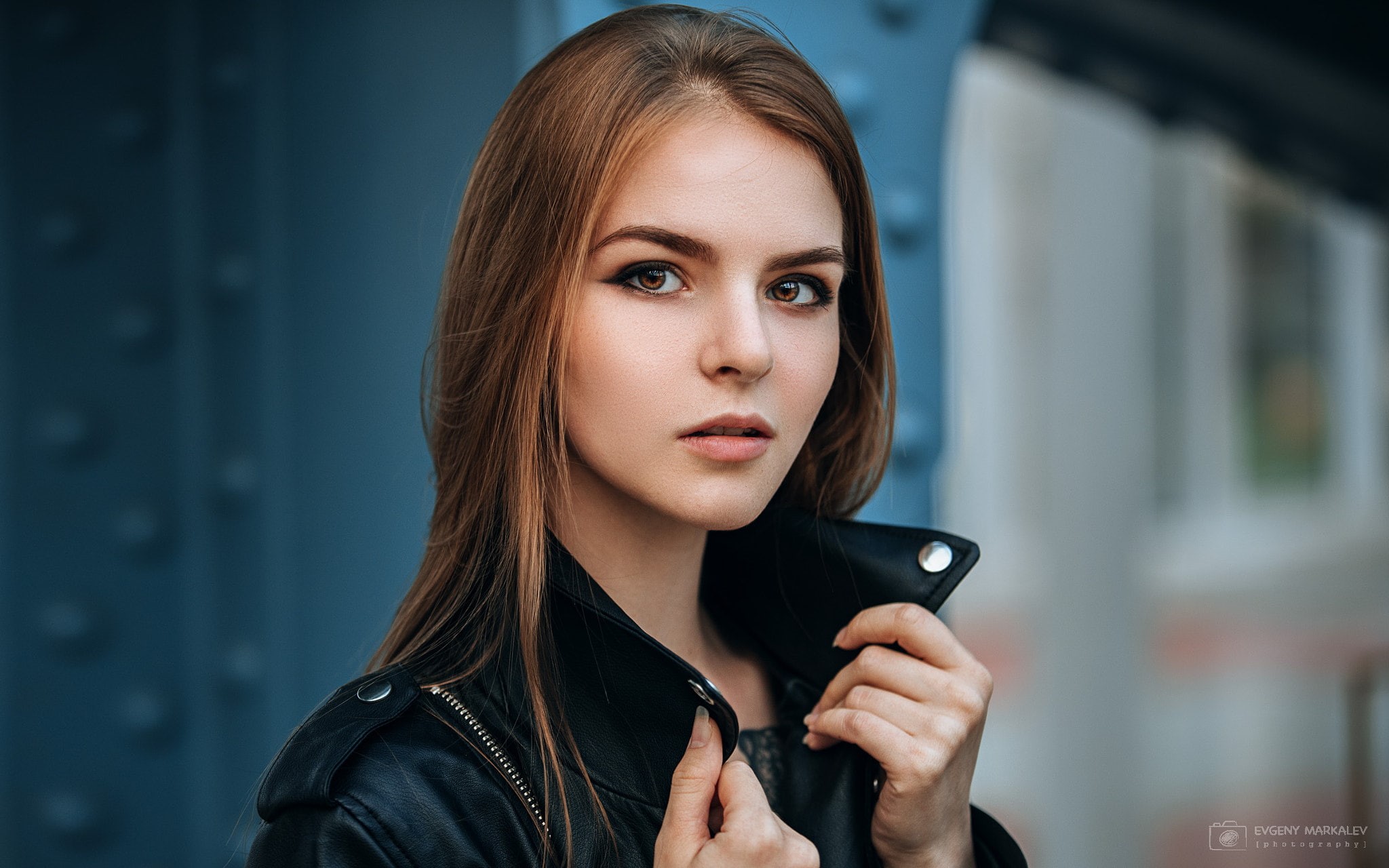 hairstyle, holding, hair, black jackets, real people, looking at camera, open mouth, model, brown hair, long hair, young adult, headshot, brown eyes, face, HD Wallpaper