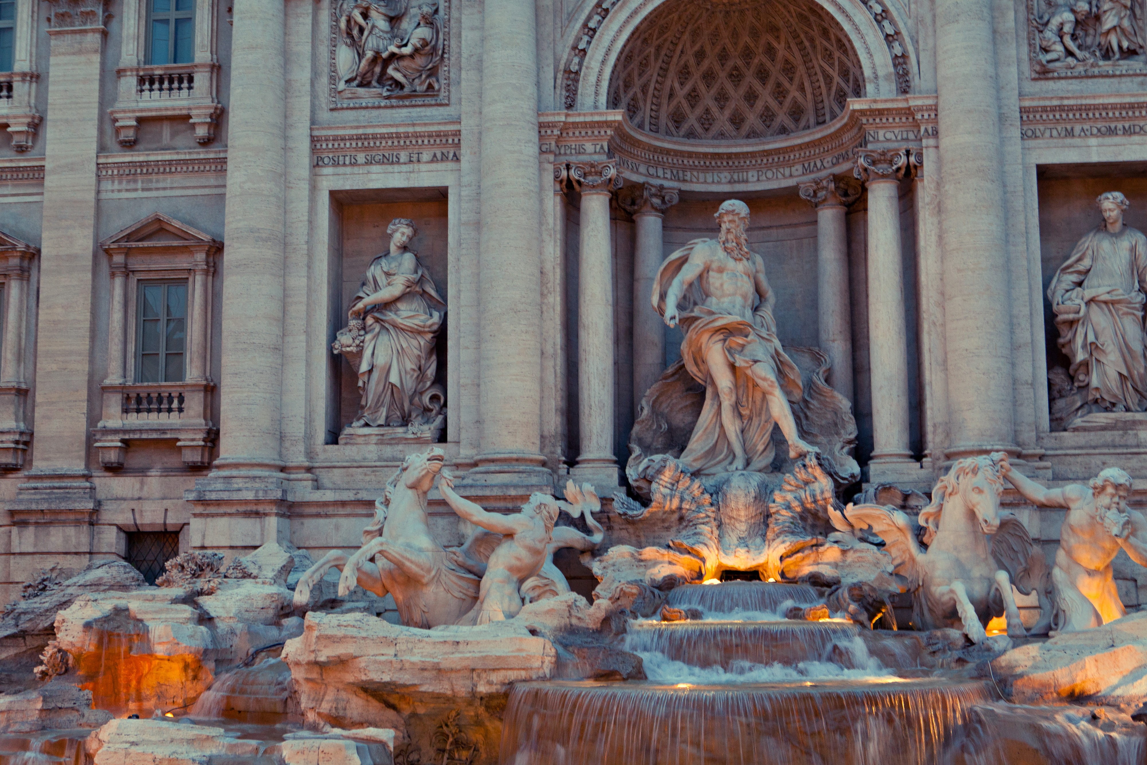 details, male likeness, building exterior, travel destinations, history, Trevi Fountain, travel, evening, architectural column, building, art and craft, HD Wallpaper