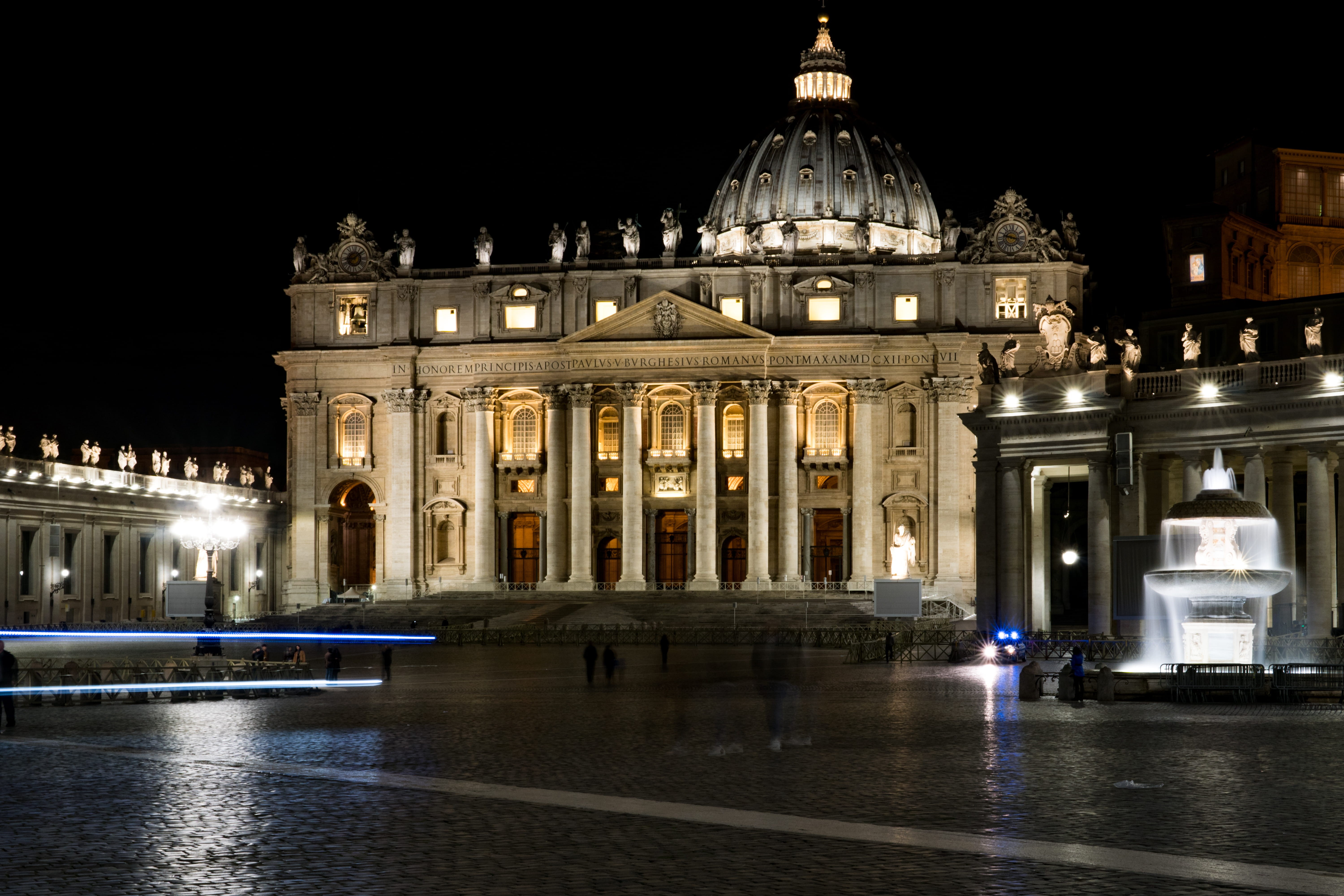 st peter, st peters basilica, illuminated, night, church, incidental people, italy, vatican, built structure, city, waterfront, slow shutter, evening, 5K, HD Wallpaper