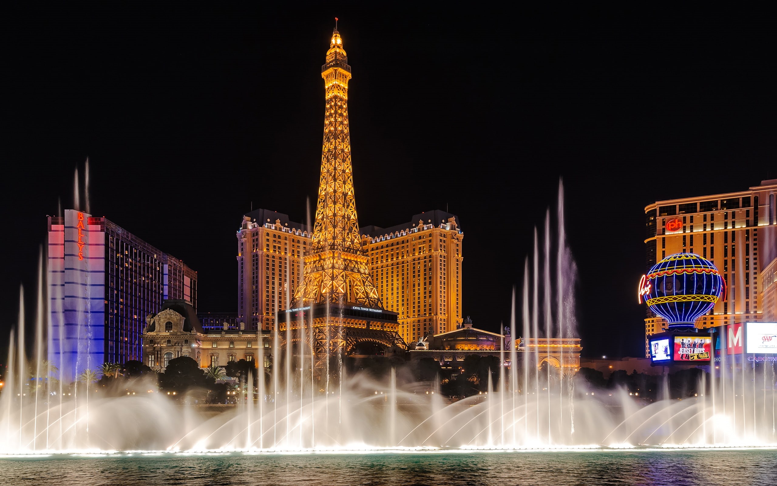las, usa, tower, eiffel, vegas, nevada, bellagio, fountain, 2K, desktop, hd, HD Wallpaper