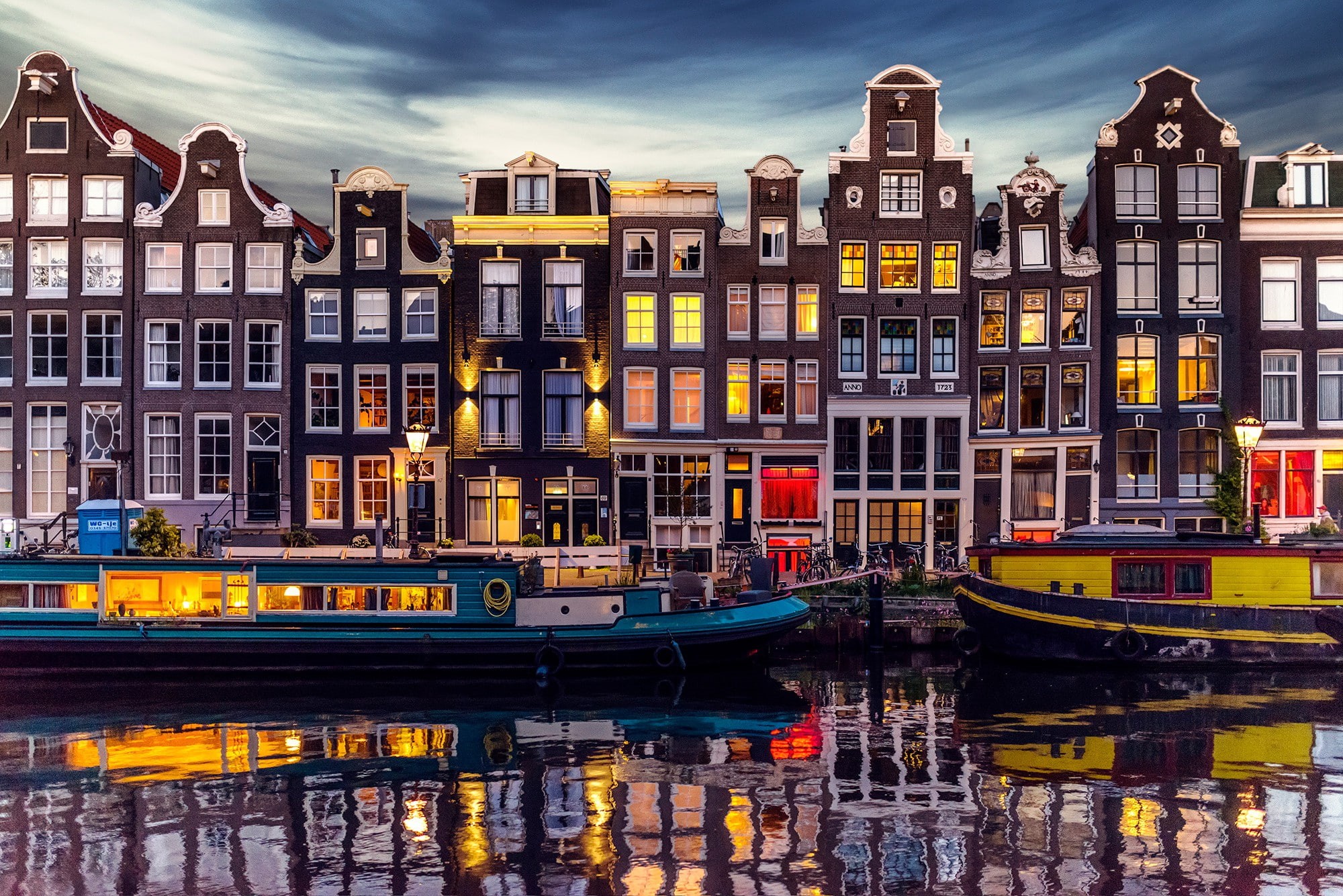 city, 1080P, apartment, amsterdam, the lights, concrete, Netherlands, the channel, the evening, brown, at home, building, the city of Amsterdam, HD Wallpaper