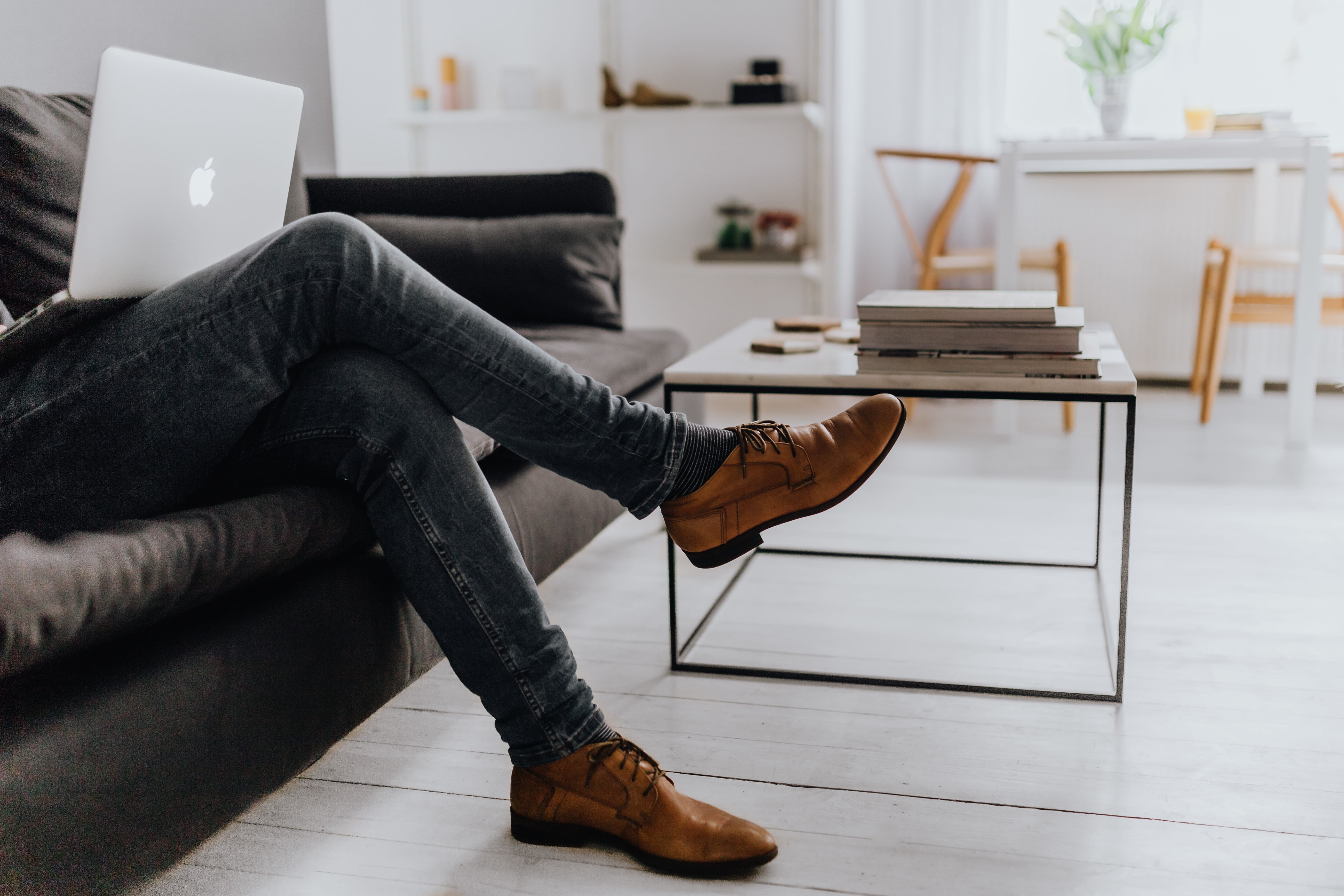 minimal, shoe, human foot, 5K, work, lifestyles, home interior, real people, laptop, apartment, interior design, computer, body part, male, relaxation, HD Wallpaper