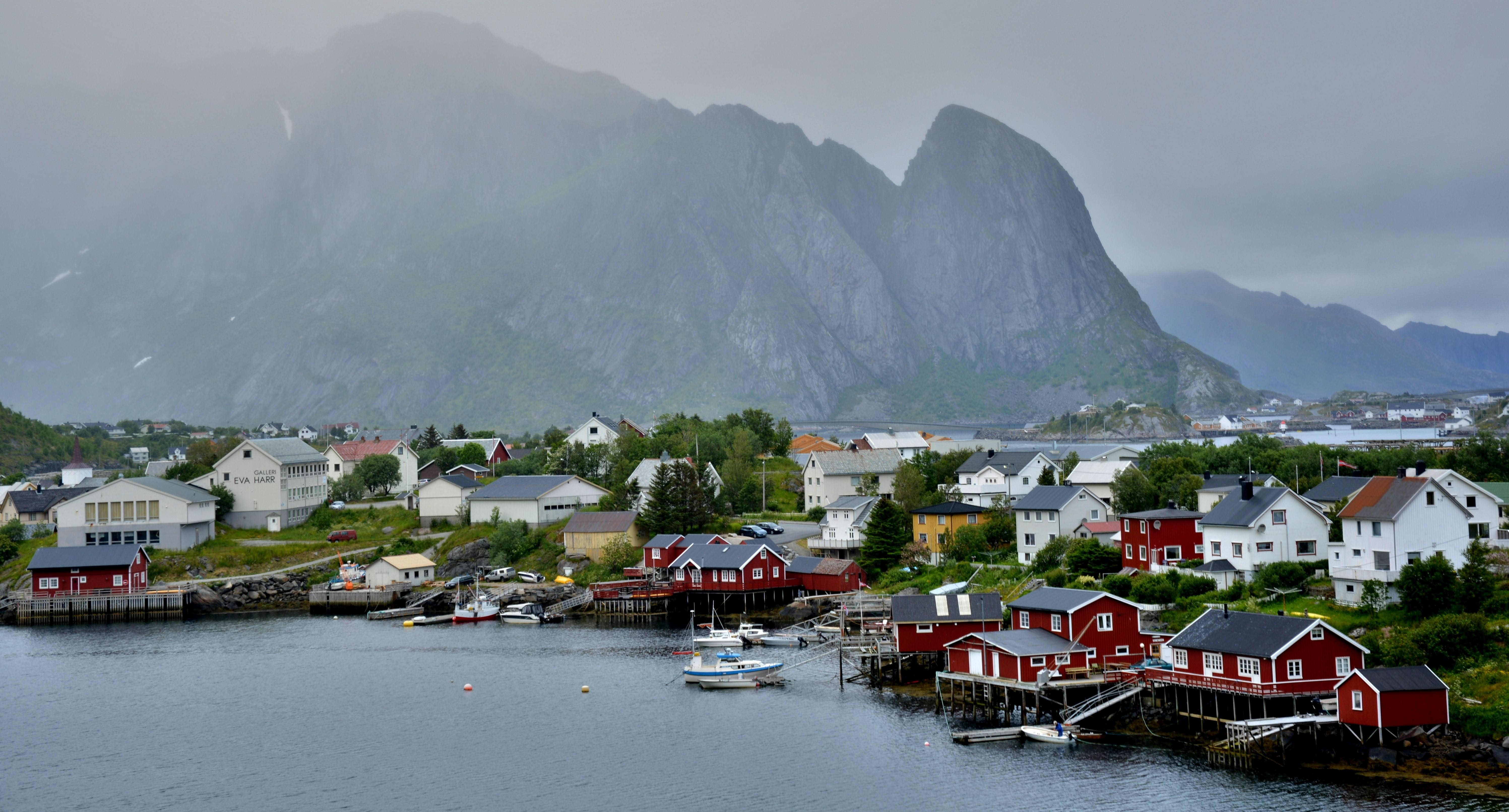 scenery, built structure, travel destinations, reine, mode of transportation, nautical vessel, no people, town, nordic, fog, 5K, beside, landscape, outdoors, HD Wallpaper