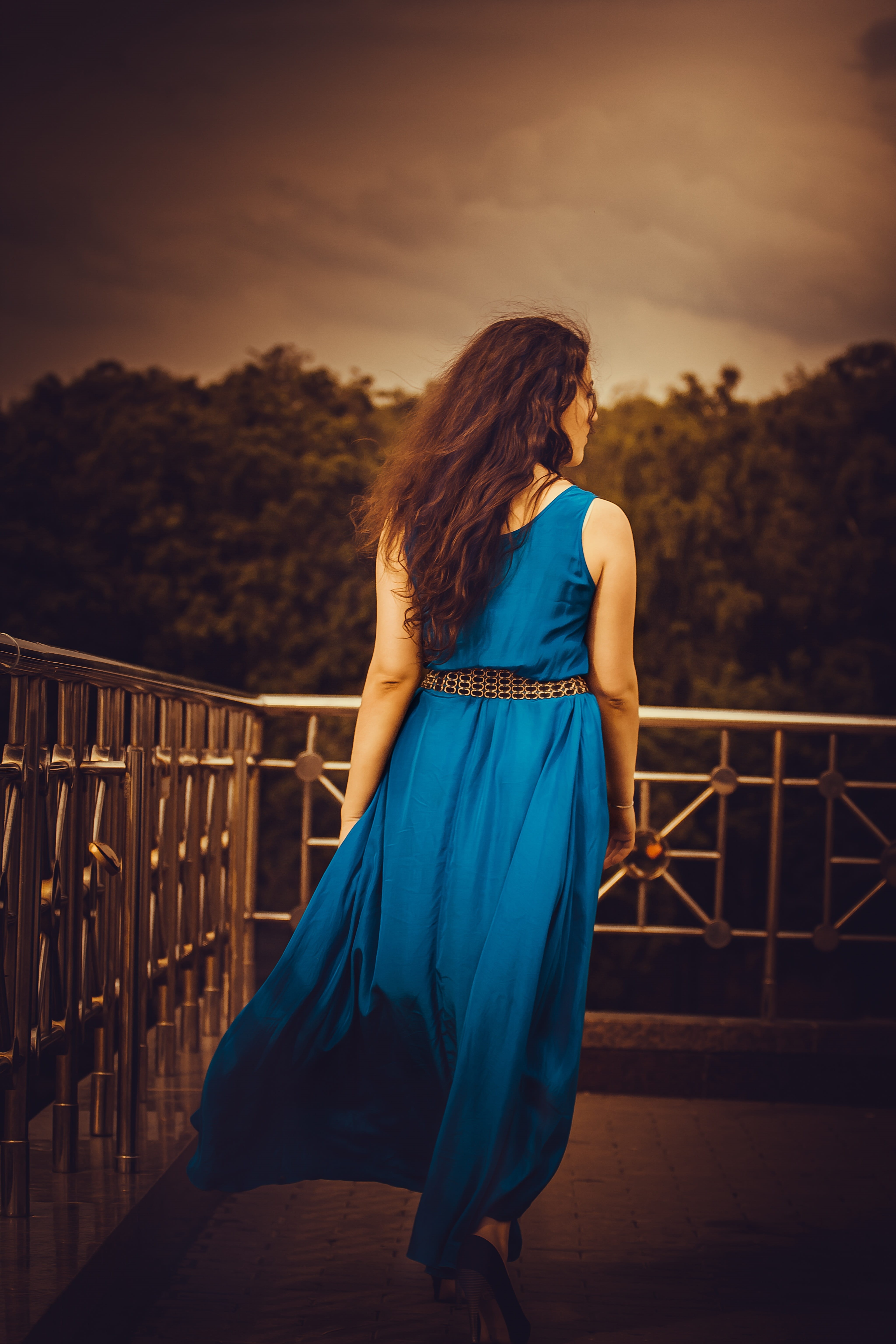 beautiful woman, full length, girl, blue, sitting, contemplation, pretty, woman, railing, long hair, wearing, lifestyles, adult, female, clothing, one person, Phone HD Wallpaper