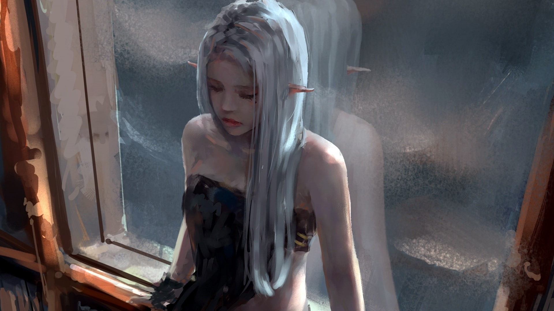 straight hair, digital art, white hair, window, reflection, closed eyes, long hair, bare shoulders, elf, girl, artwork, painting, fantasy art, 1080P, pointed ears, HD Wallpaper