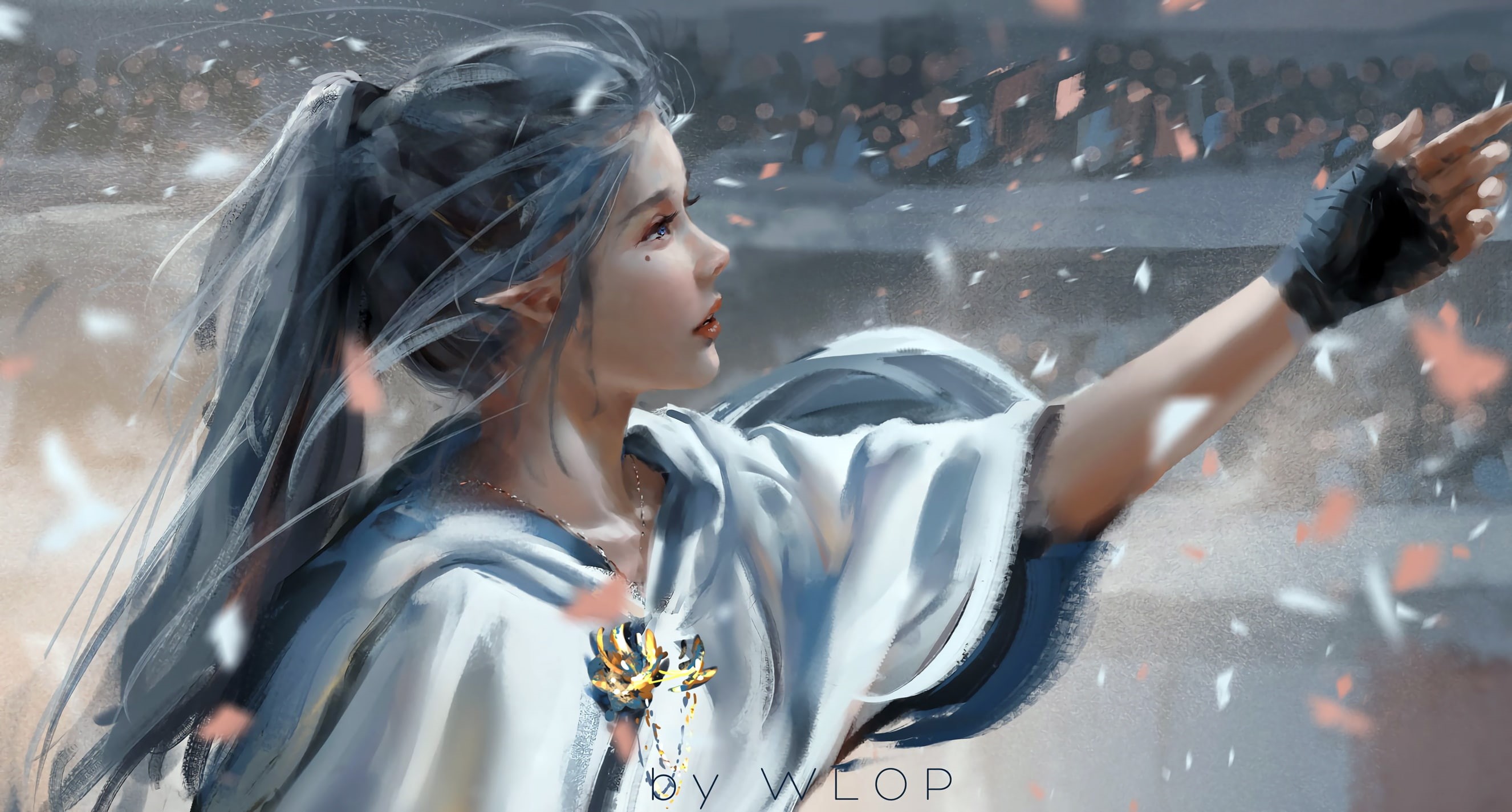 necklace, 2K, fantasy, ponytail, mouth, long hair, cape, digital art, blue eyes, princess, artwork, silver hair, Wlop, face, girl, lips, fantasy art, people, HD Wallpaper