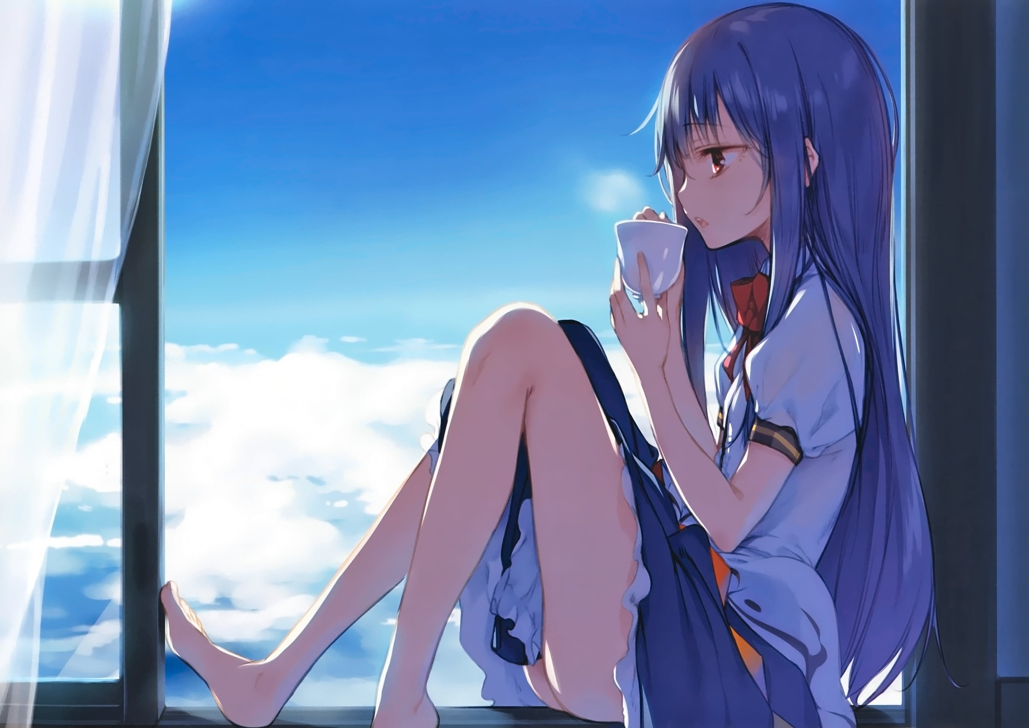 haired, feet, cloud - sky, outdoors, lifestyles, long hair, ke-ta, casual clothing, anime, curtains, clouds, window, side view, glass - material, anime girls, HD Wallpaper