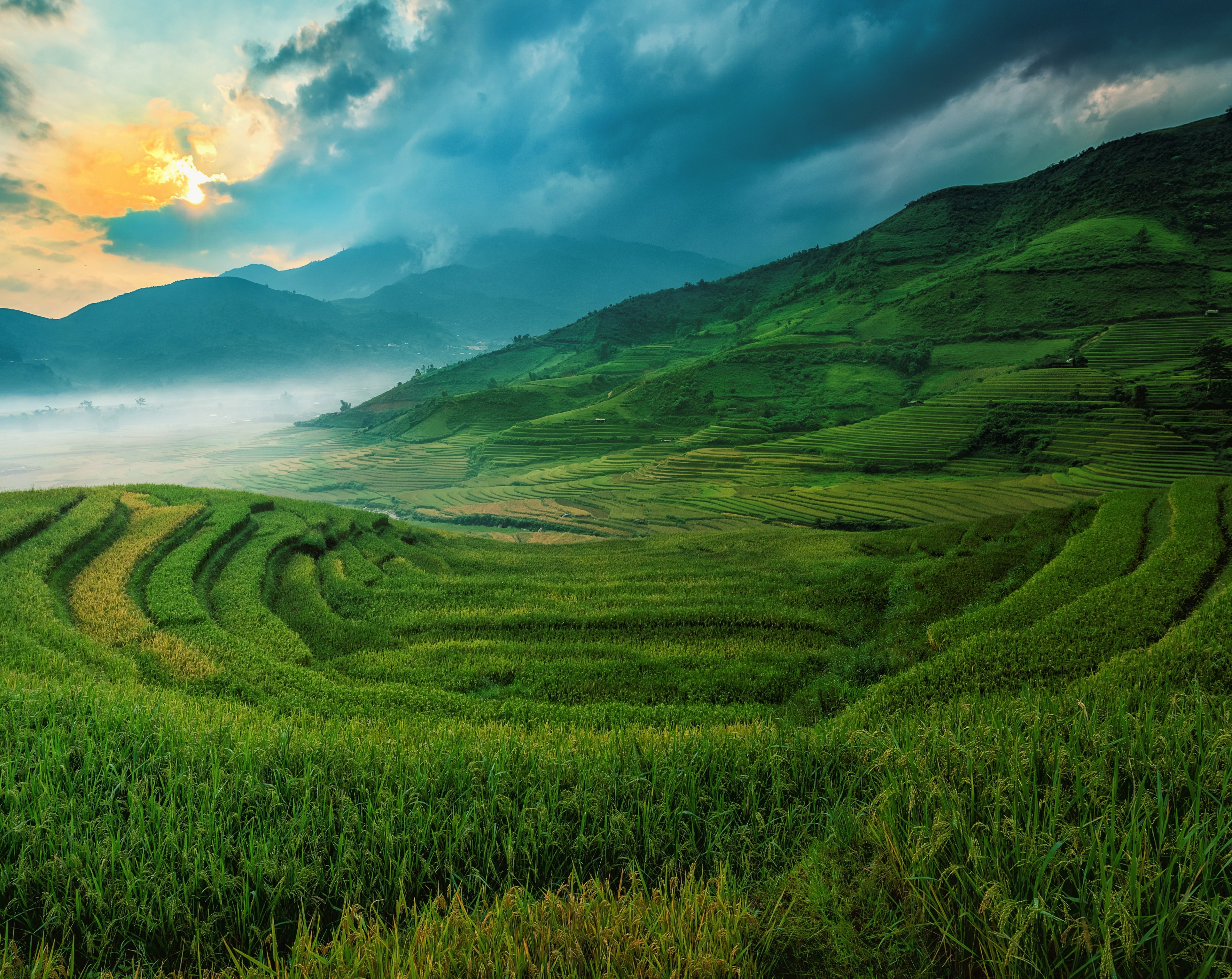 Land, tourism, Clouds, Tropical, environment, Mountains, Valley, Ricefields, plantation, cloud - sky, sky, scenics - nature, 5K, ecology, Nature, green color, HD Wallpaper