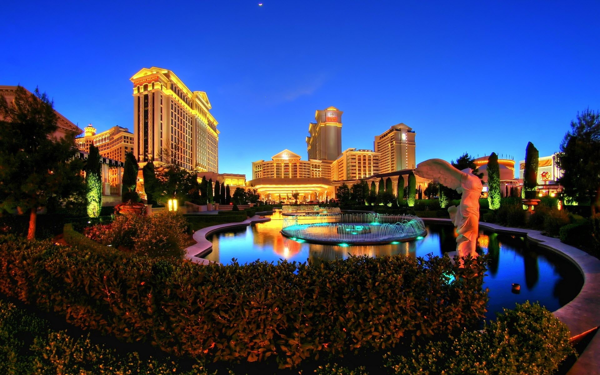 sky, Vegas, outdoors, architecture, clear sky, travel destinations, water, Hotel, dusk, building exterior, office building exterior, 1080P, city life, HD Wallpaper
