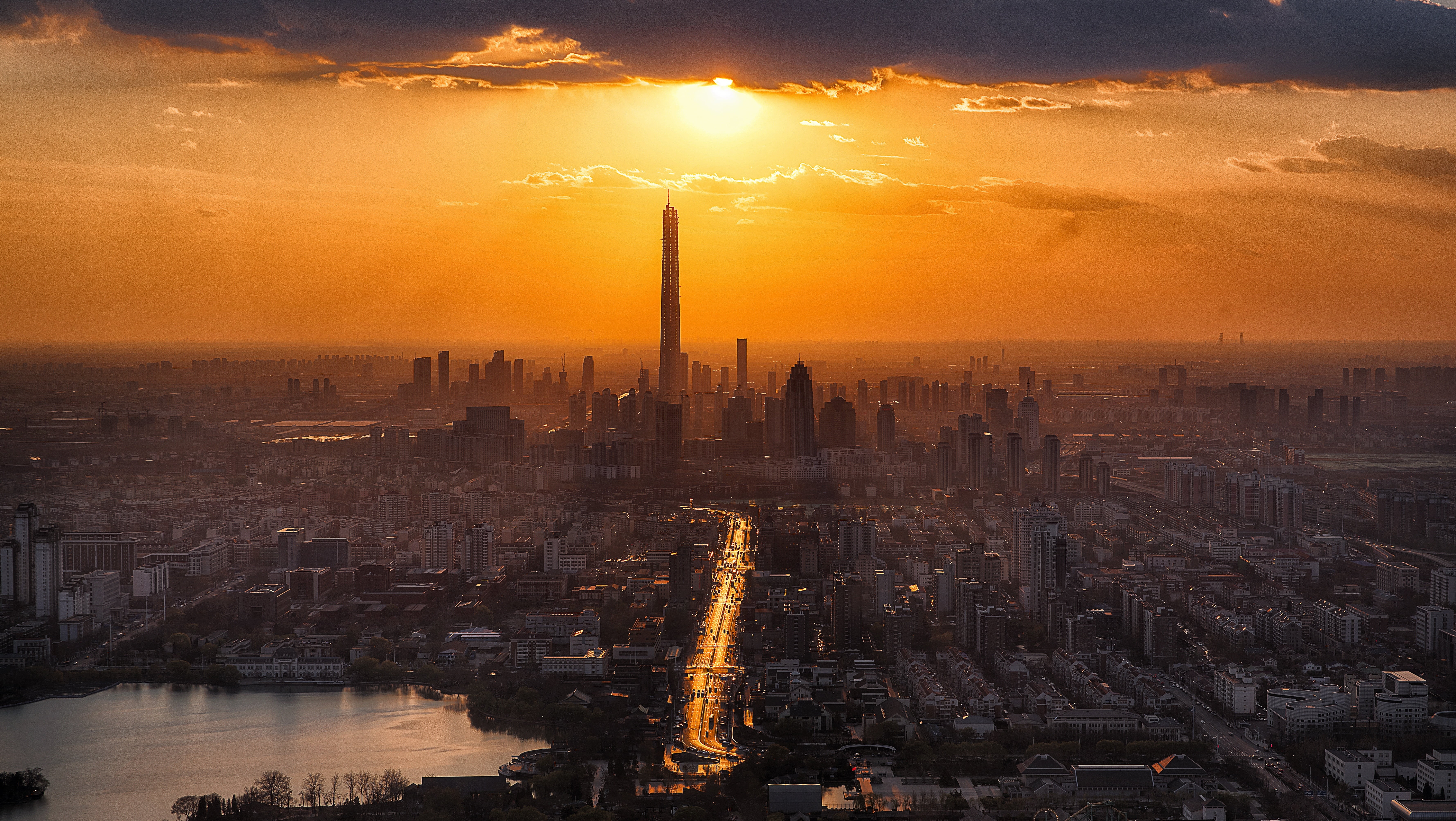 river, cloud - Sky, tall - High, no people, urban Skyline, building, lake, nature, Sun, downtown District, china - East Asia, clouds, high, tower, light - Natural Phenomenon, HD Wallpaper