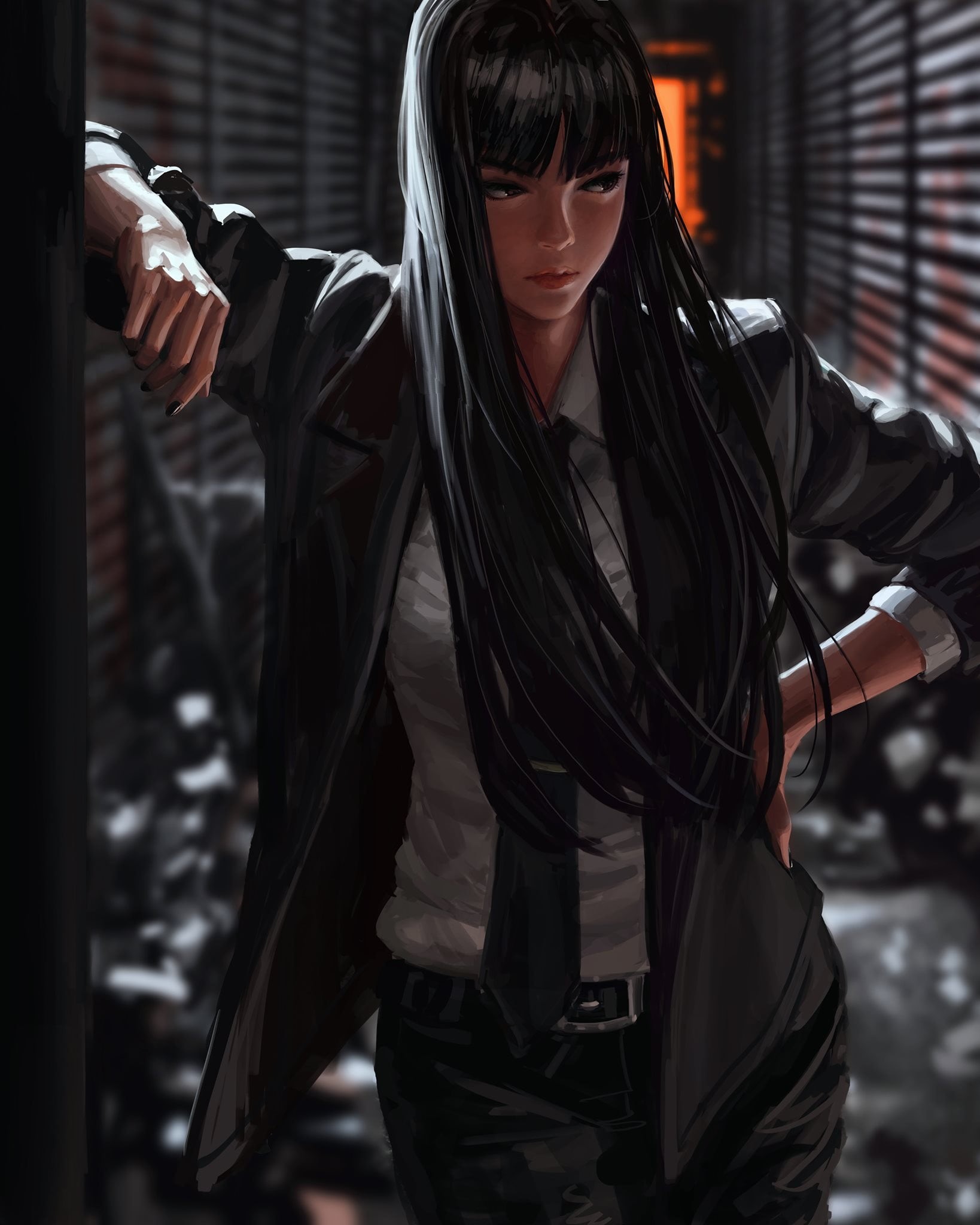 frontal view, Z.W. Gu, coats, bangs, portrait display, artwork, original characters, drawing, black coat, shirt, women, concept art, open clothes, fantasy painting, Phone HD Wallpaper
