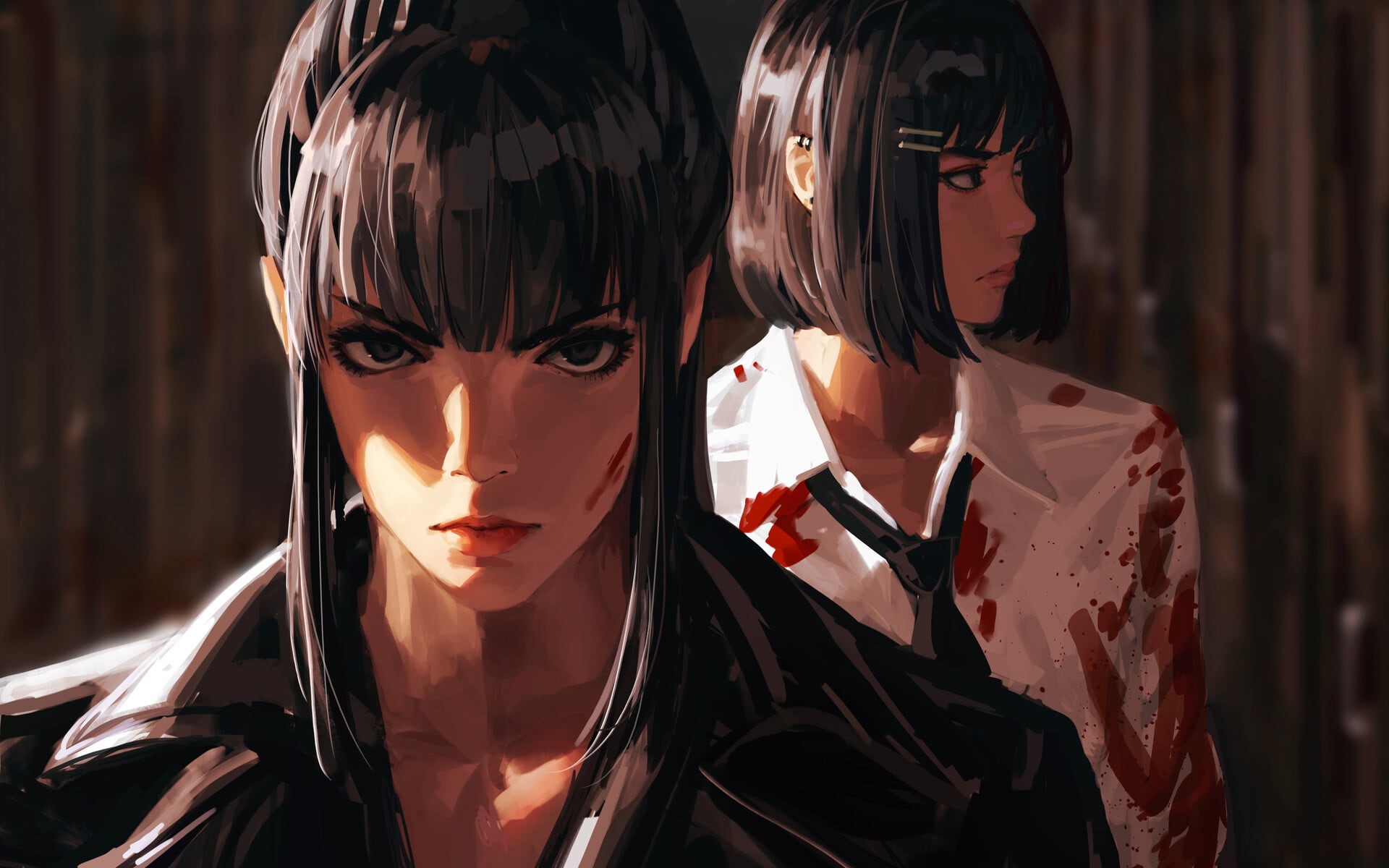 fantasy painting, Z.W. Gu, women, frontal view, black hair, science fiction, black coat, illustration, artwork, original characters, coats, blood, concept art, HD Wallpaper