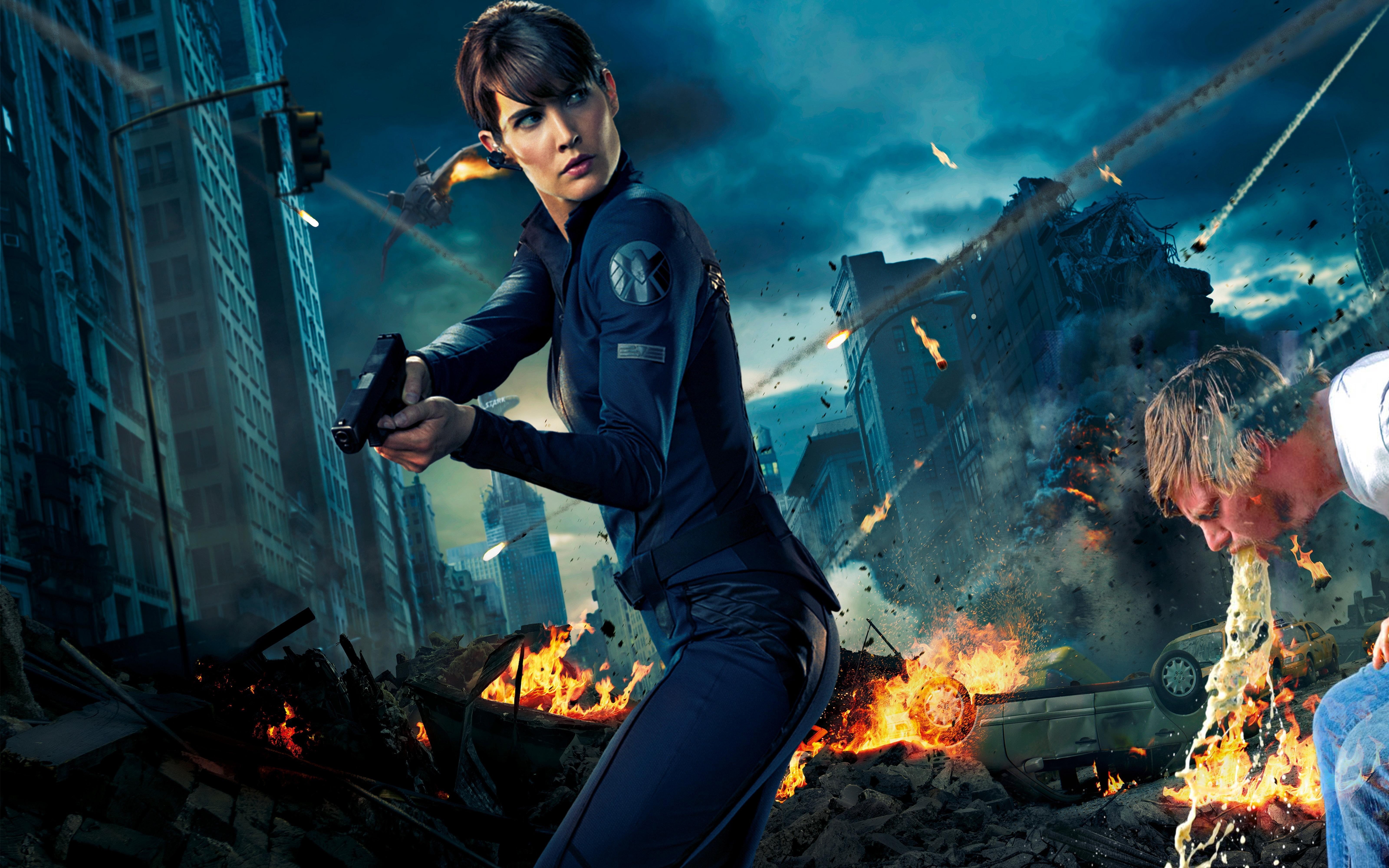 uniform, flame, heat - temperature, communication, motion, bonfire, young adult, smoke - physical structure, real people, Cobie Smulders, Maria Hill, photo manipulation, HD Wallpaper