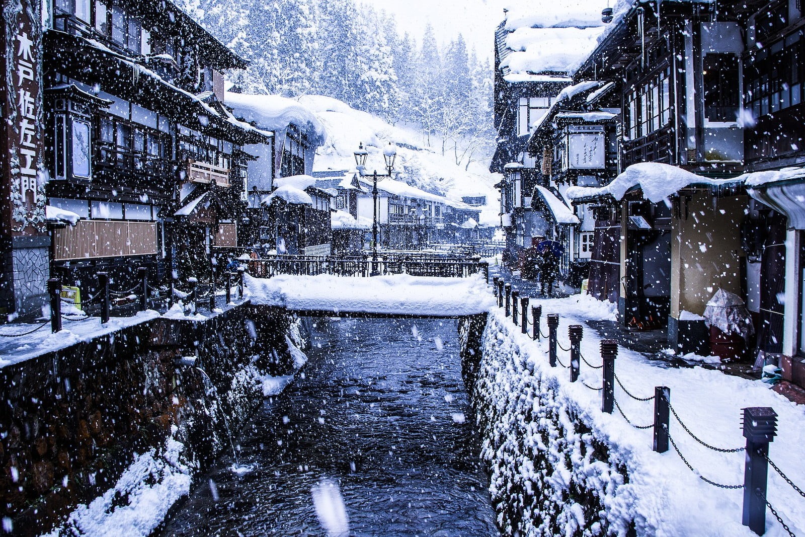 cold temperature, house, tree, Japan, black, snowing, Japanese, building, residential district, building exterior, snow, outdoors, architecture, bridge, HD Wallpaper