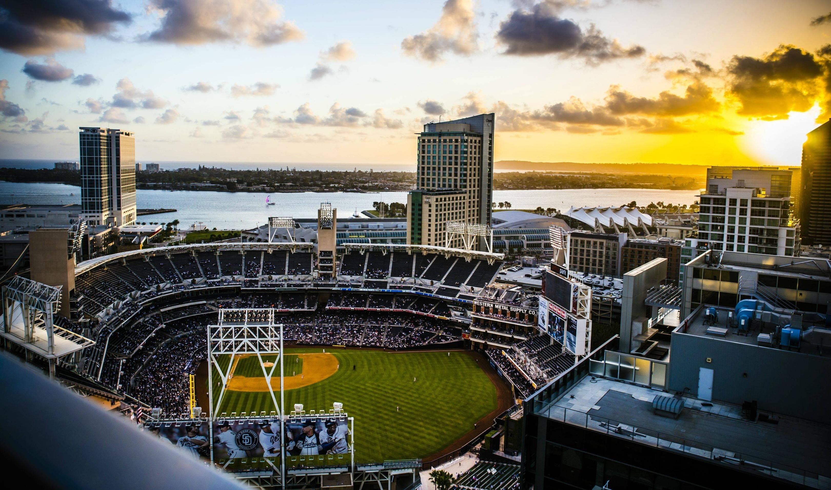 travel destinations, cityscape, high angle view, outdoors, modern, nature, San Diego Padres, skyscraper, baseball, building exterior, architecture, 2K, HD Wallpaper