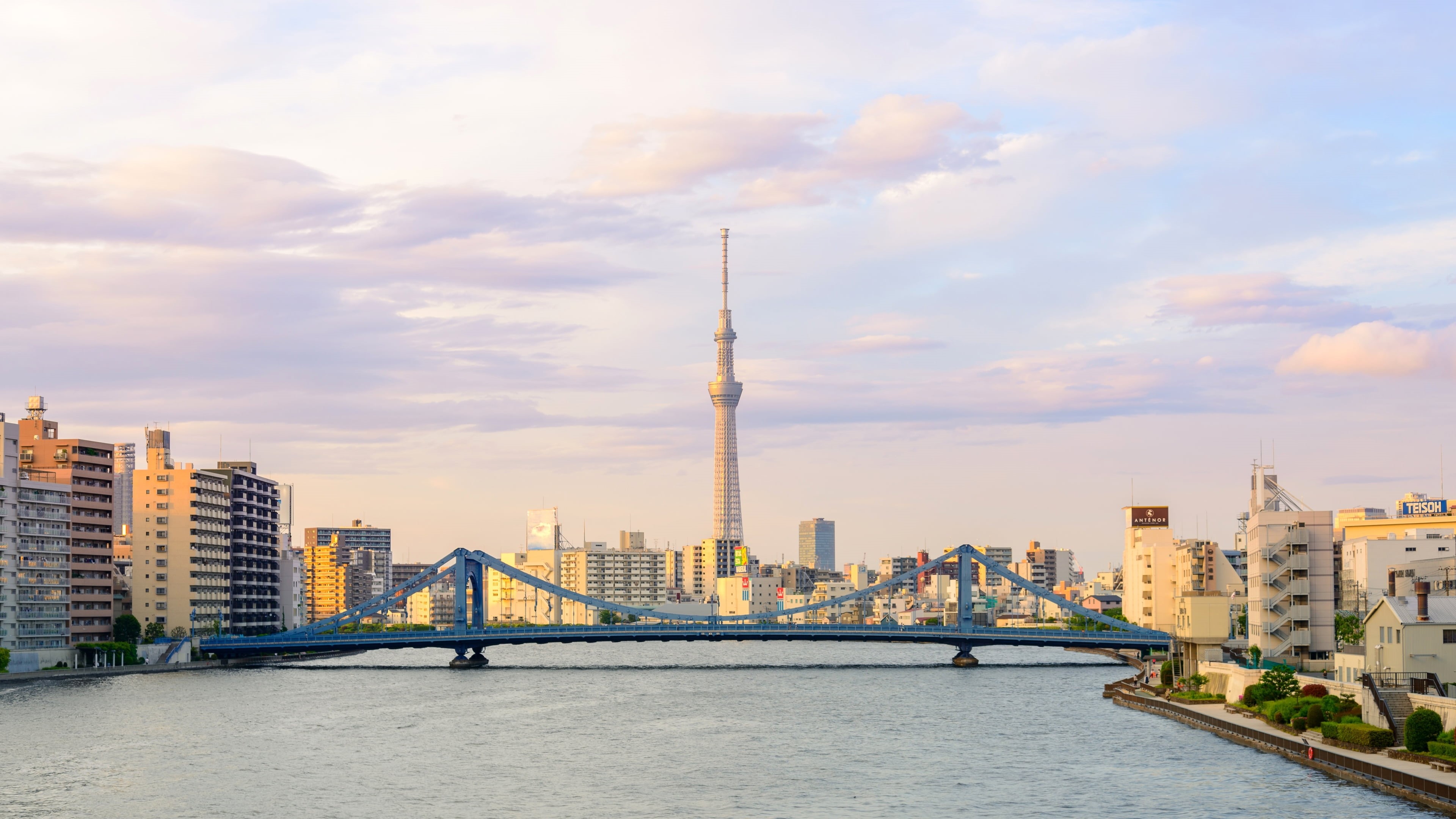 travel, bridge, 4K, clouds, tourism, river, tall - high, outdoors, cityscape, Skytree, building exterior, sunlight, nature, travel destinations, tower, HD Wallpaper