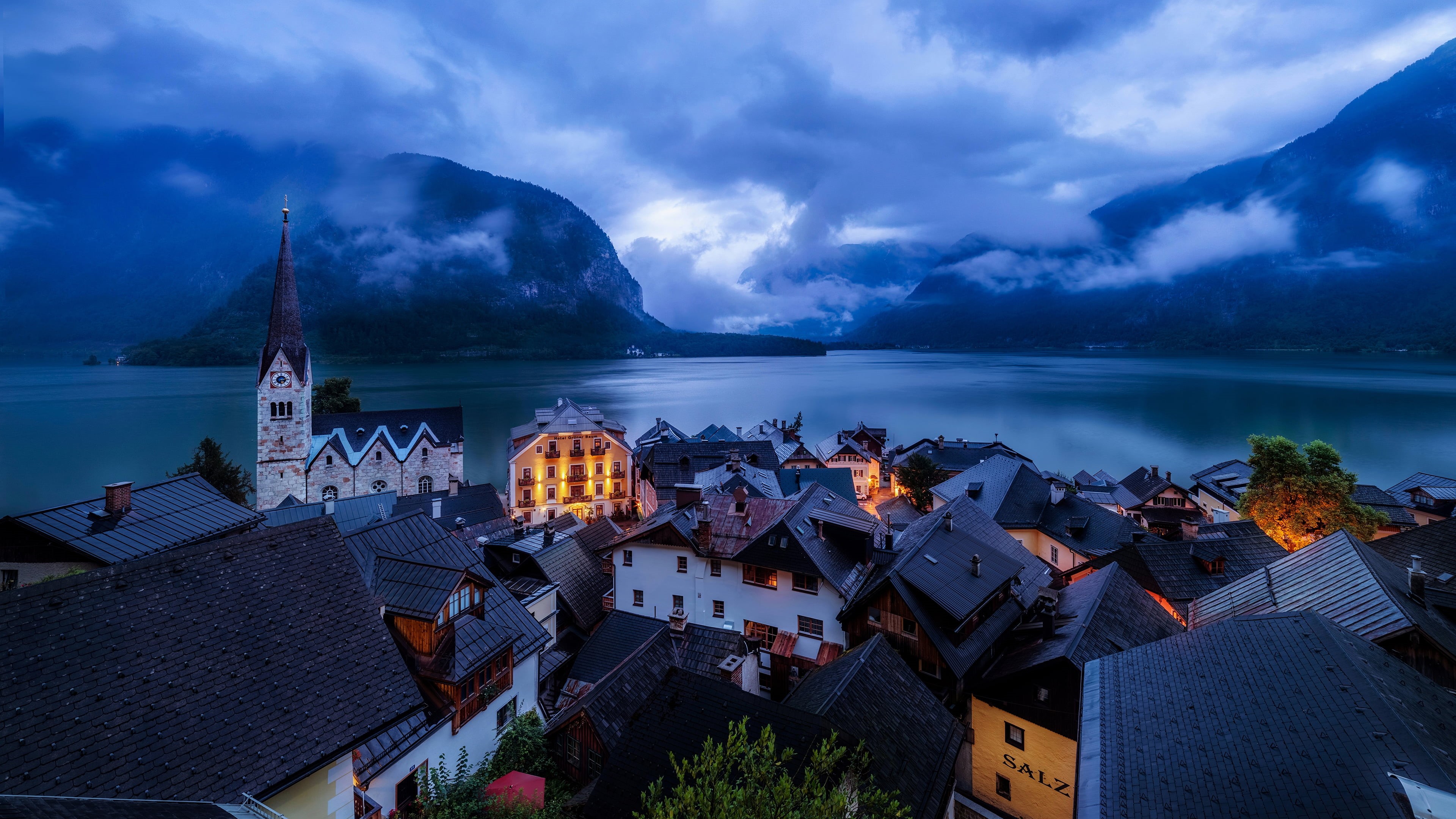 rooftops, lake, village, travel destinations, landscape, 4K, nautical vessel, cityscape, high angle view, Austria, evening, clouds, built structure, hotel, HD Wallpaper