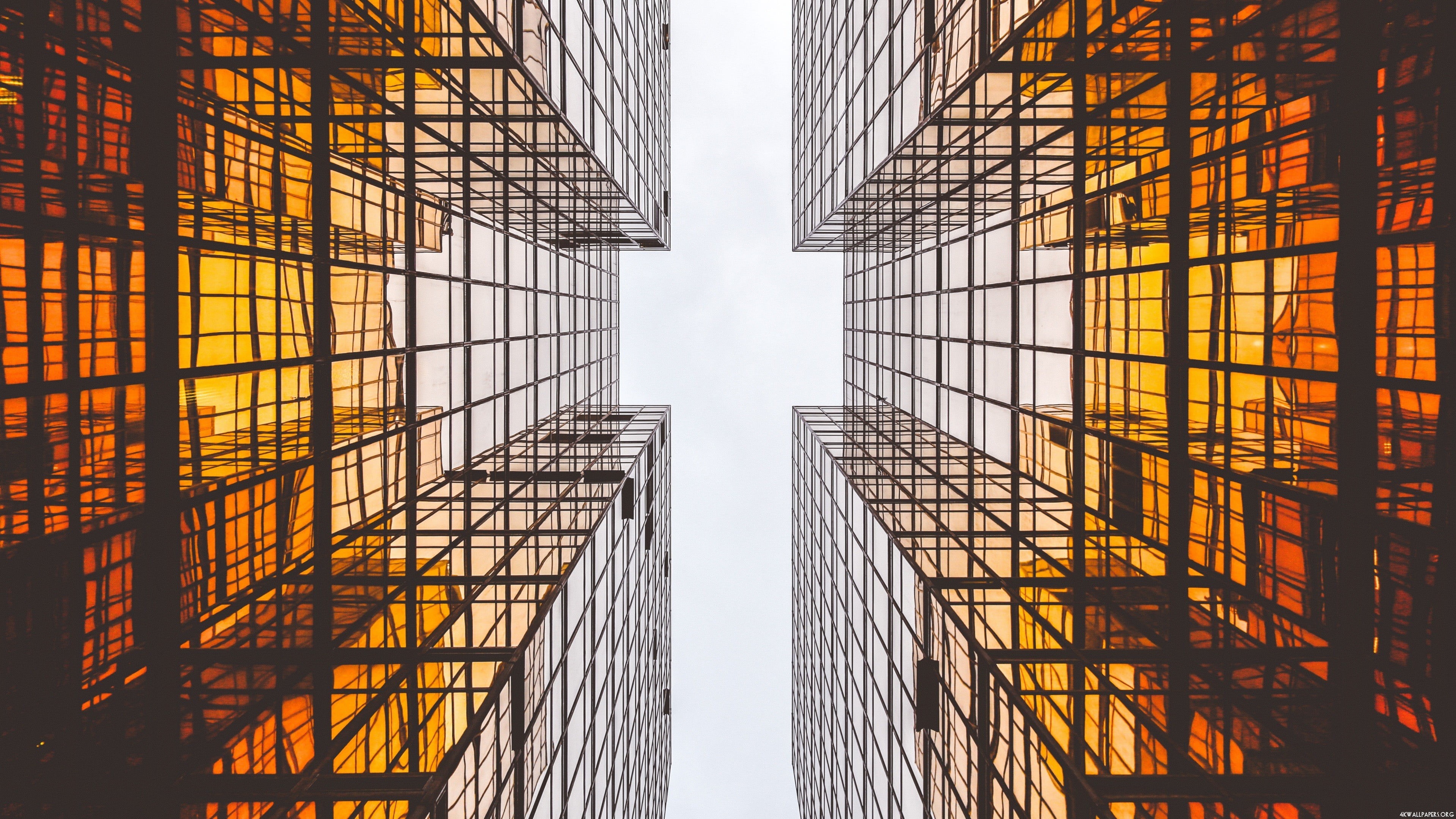 sky, built structure, tower, modern, building exterior, window, square, orange color, metal, day, glass - material, nature, pattern, building, reflection, HD Wallpaper