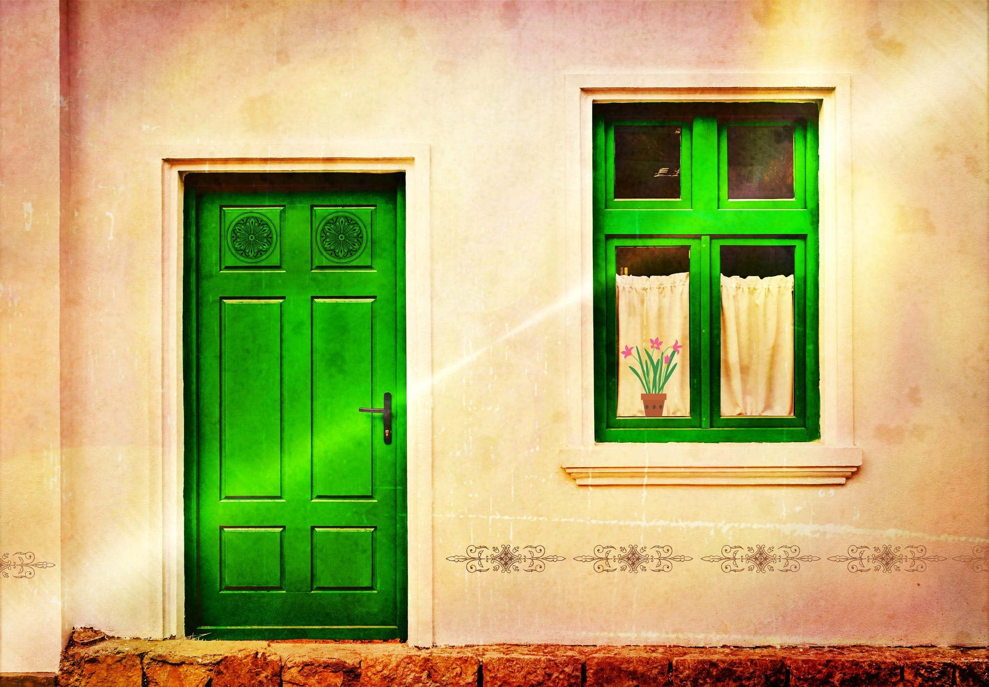 incidence of light, house entrance, wooden door, entrance, hauswand, ornaments, house facade, green, floral decoration, building exterior, home, closed, HD Wallpaper