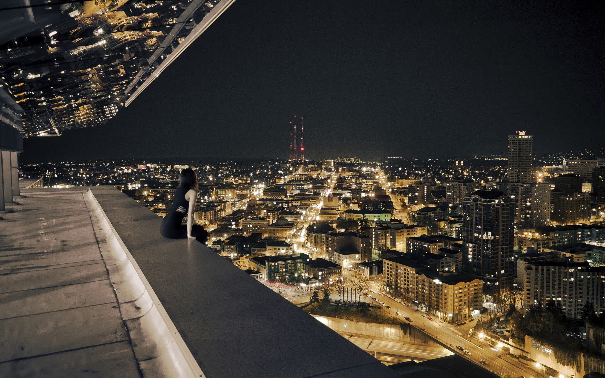 cityscape, rooftops, 1080P, women, city, balcony, lights, sitting, night, HD Wallpaper