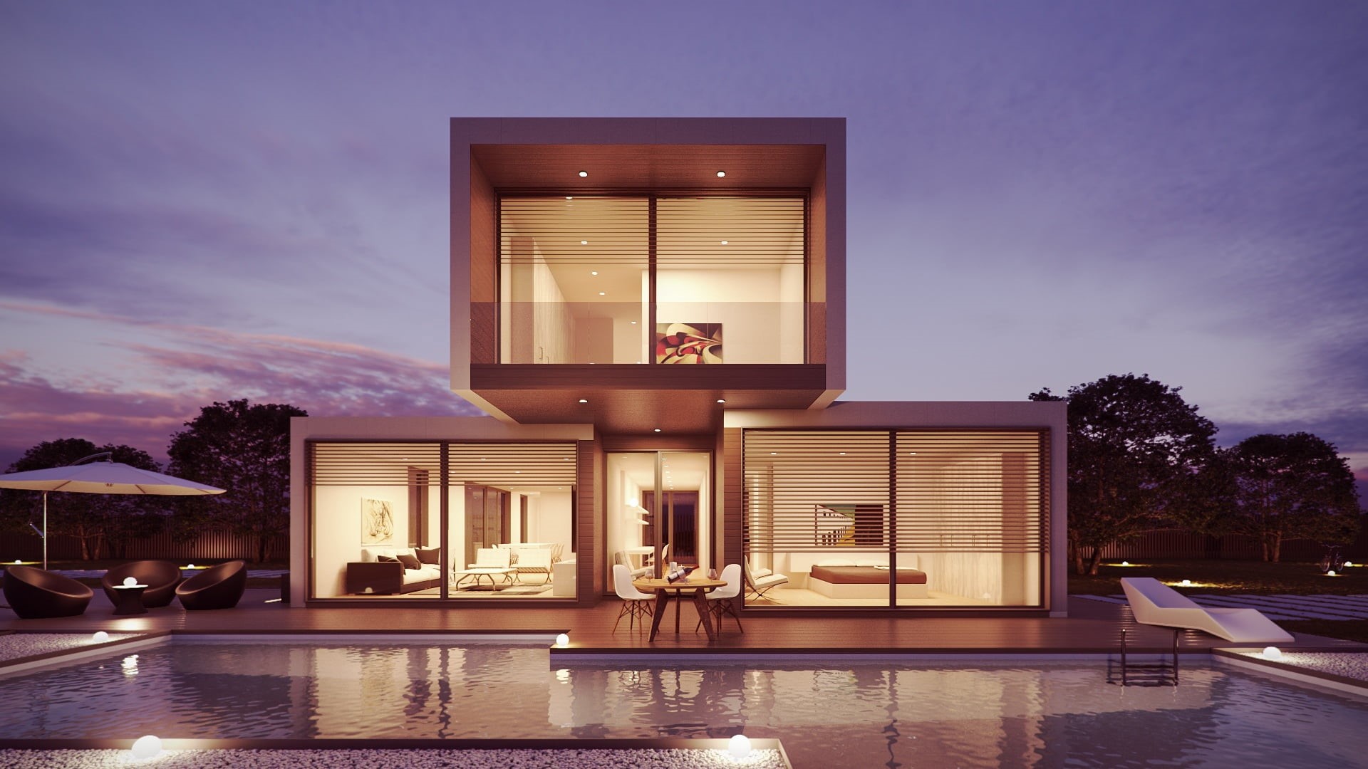 new, swimming Pool, 1080P, no People, table, building, illuminated, style, sunset, lifestyles, home Ownership, built Structure, cloud - sky, elegance, HD Wallpaper
