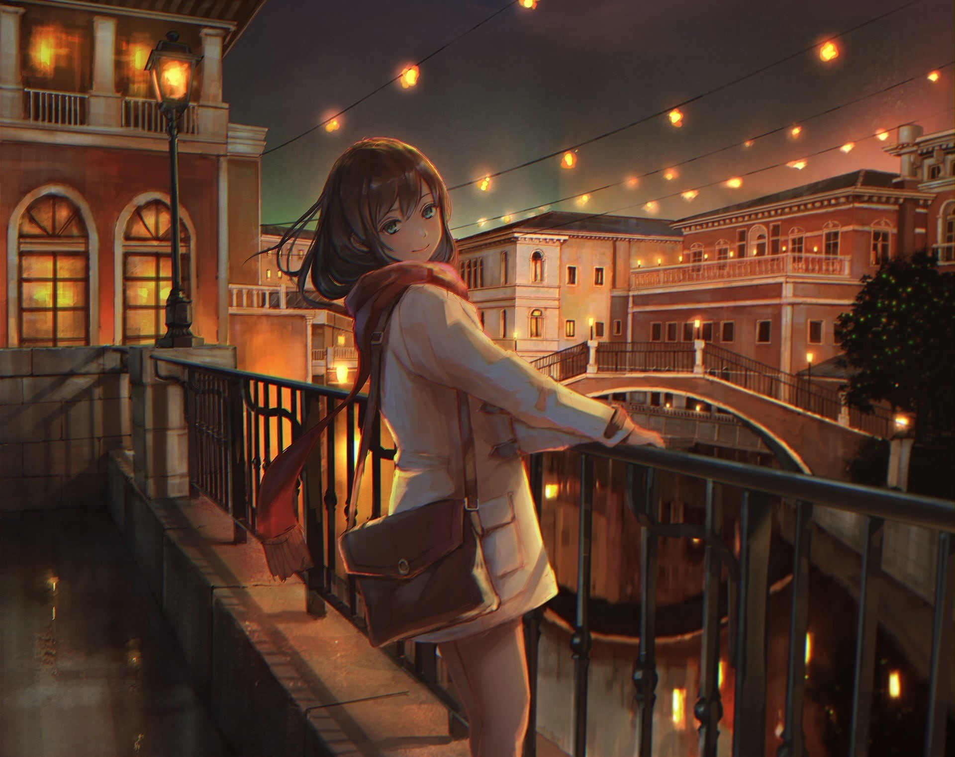 city, 1080P, night, digital, balcony, Smile, artwork, lamp, anime girls, painting, digital art, blue eyes, anime, drawing, lights, city lights, HD Wallpaper