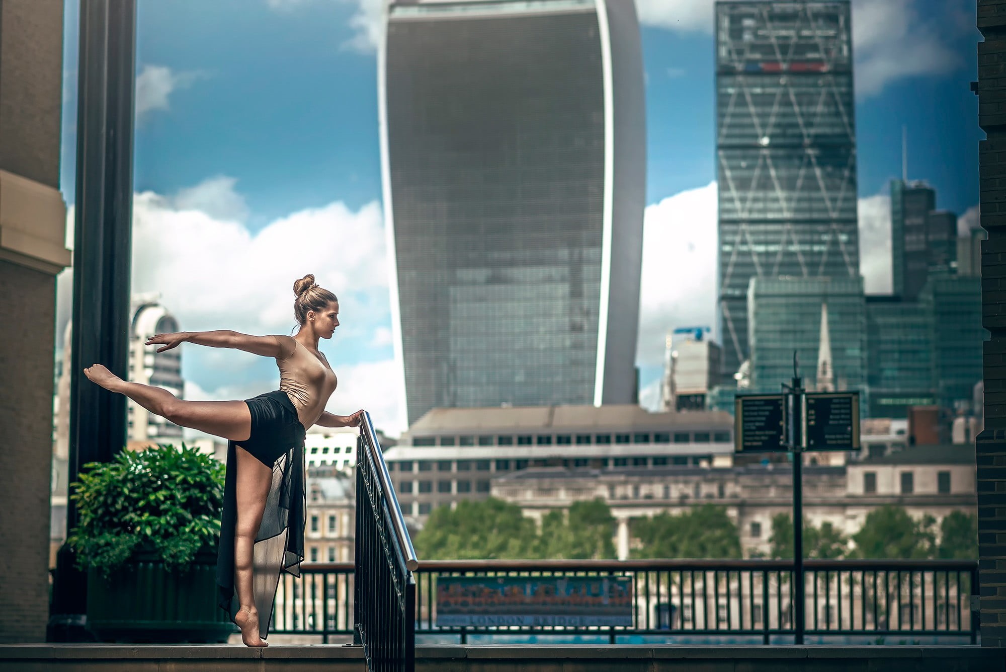 cloud - sky, modern, ballet, nature, building exterior, day, outdoors, ballerina, city life, Dimitry Roulland, beside, woman, city, cityscape, standing, HD Wallpaper