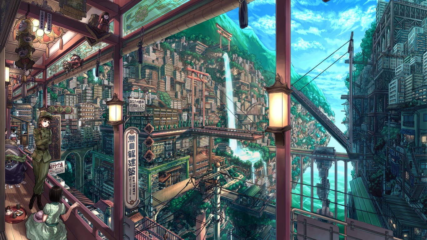 plant, waterfall, architecture, anime girls, pipeline, connection, technology, machinery, 720P, industry, cityscape, day, anime, railing, balcony, built structure, HD Wallpaper