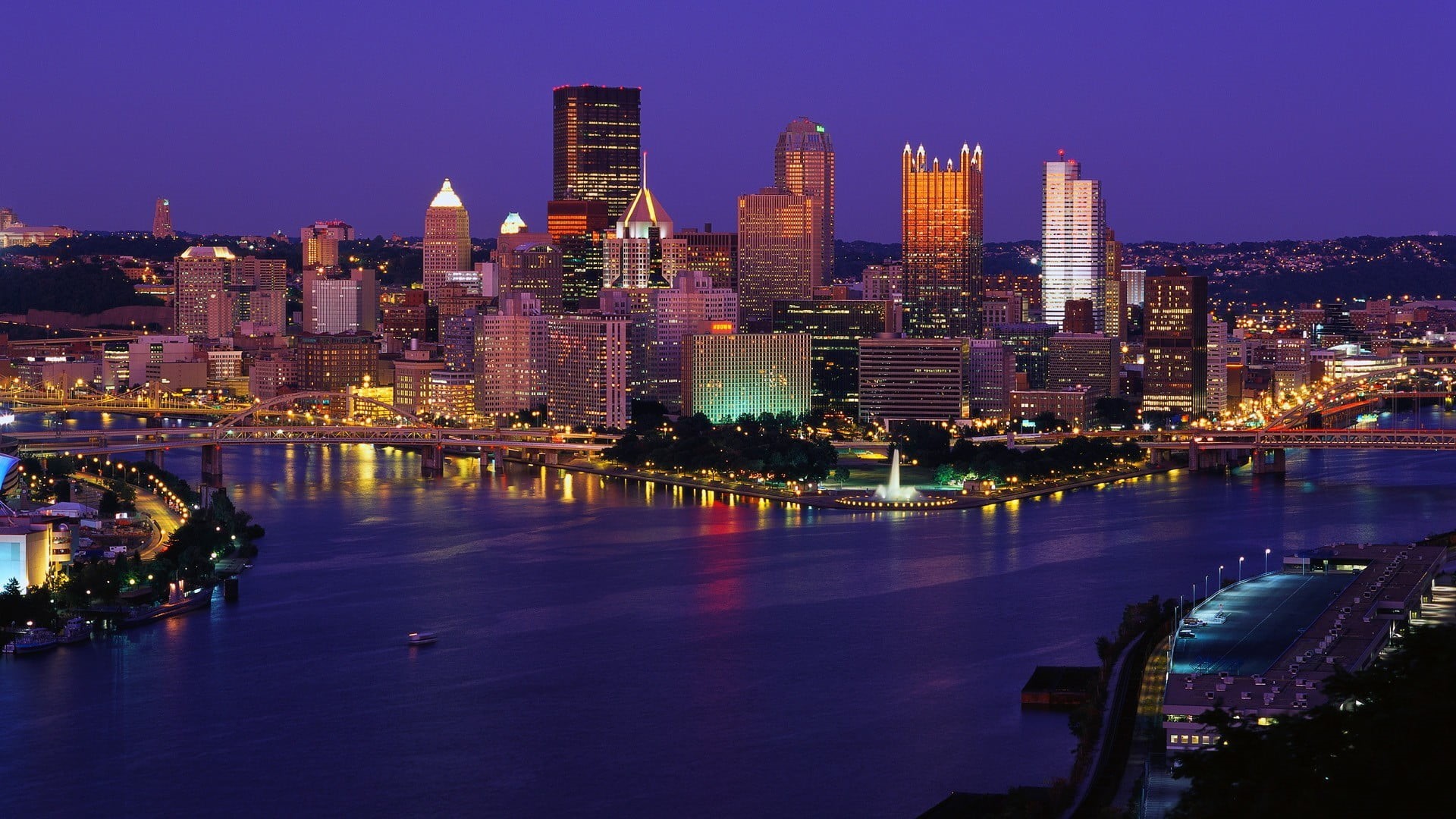 reflection, residential district, water, building exterior, architecture, Pennsylvania, city, outdoors, travel destinations, skyscraper, night, modern, HD Wallpaper